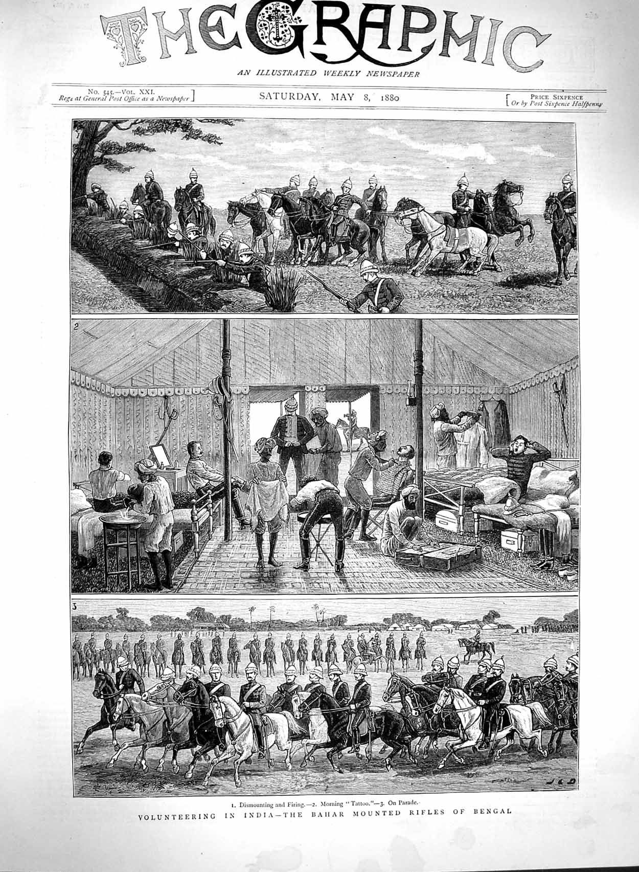 Original Old Antique Print 1880 India Bahar Mountain Siers Bengal Horses Camp
