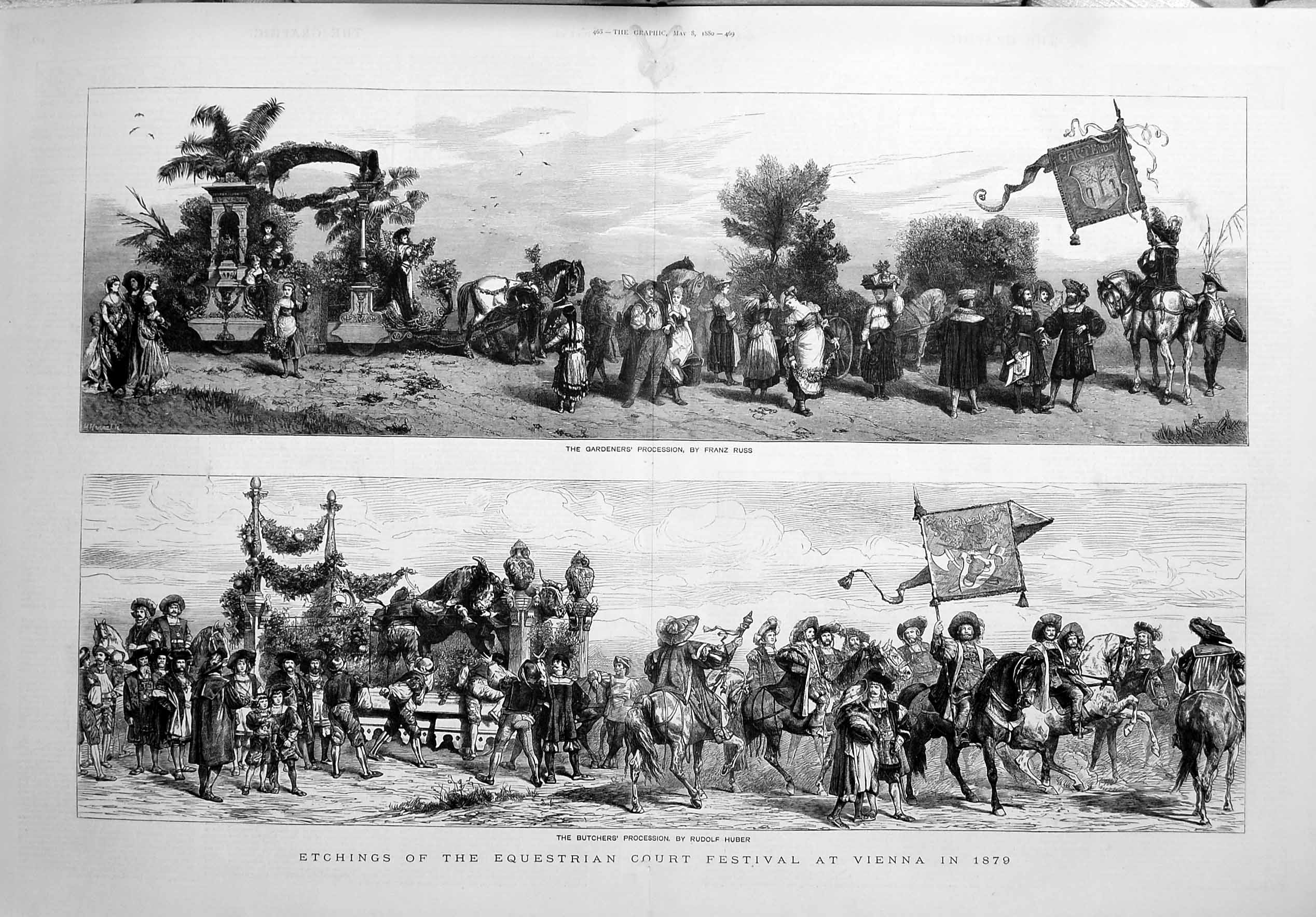 Antique Old Print 1880 Equestrian Court Festival Vienna Rudolf Huber Russ 19th