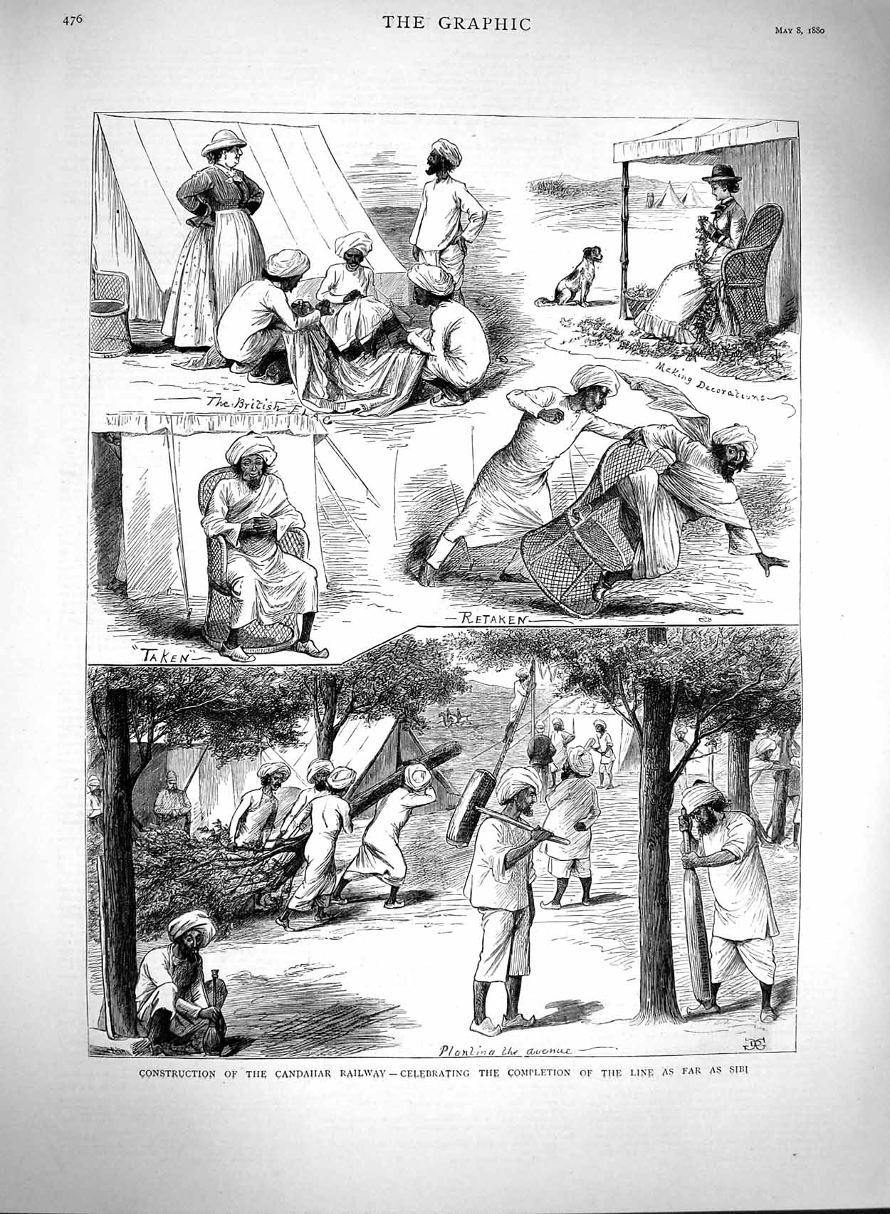 Old Antique Print 1880 Construction Candahar Railway Train Sibi Natives 19th