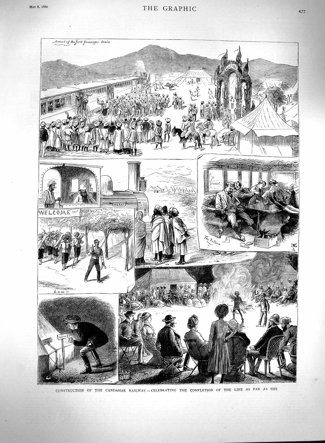 Old Antique Print 1880 Construction Candahar Railway Sibi Train Passenger 19th