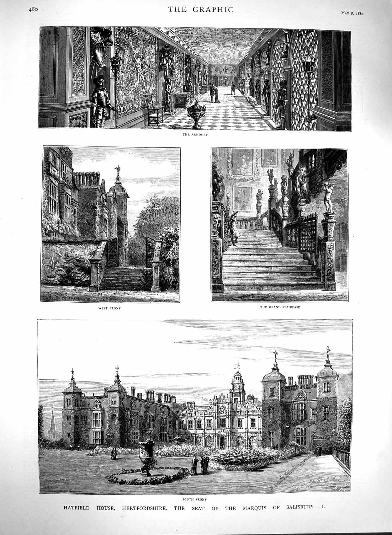Antique Old Print *3065 1880 Hatfield House Hertfordshire Marquis Salisbury