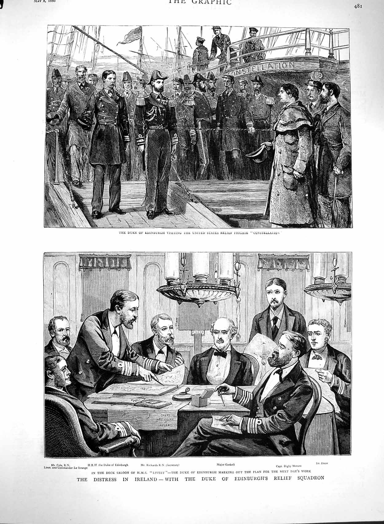 Old Antique Print 1880 Ireland Duke Edinburgh Ship Constellation Gaskell 19th