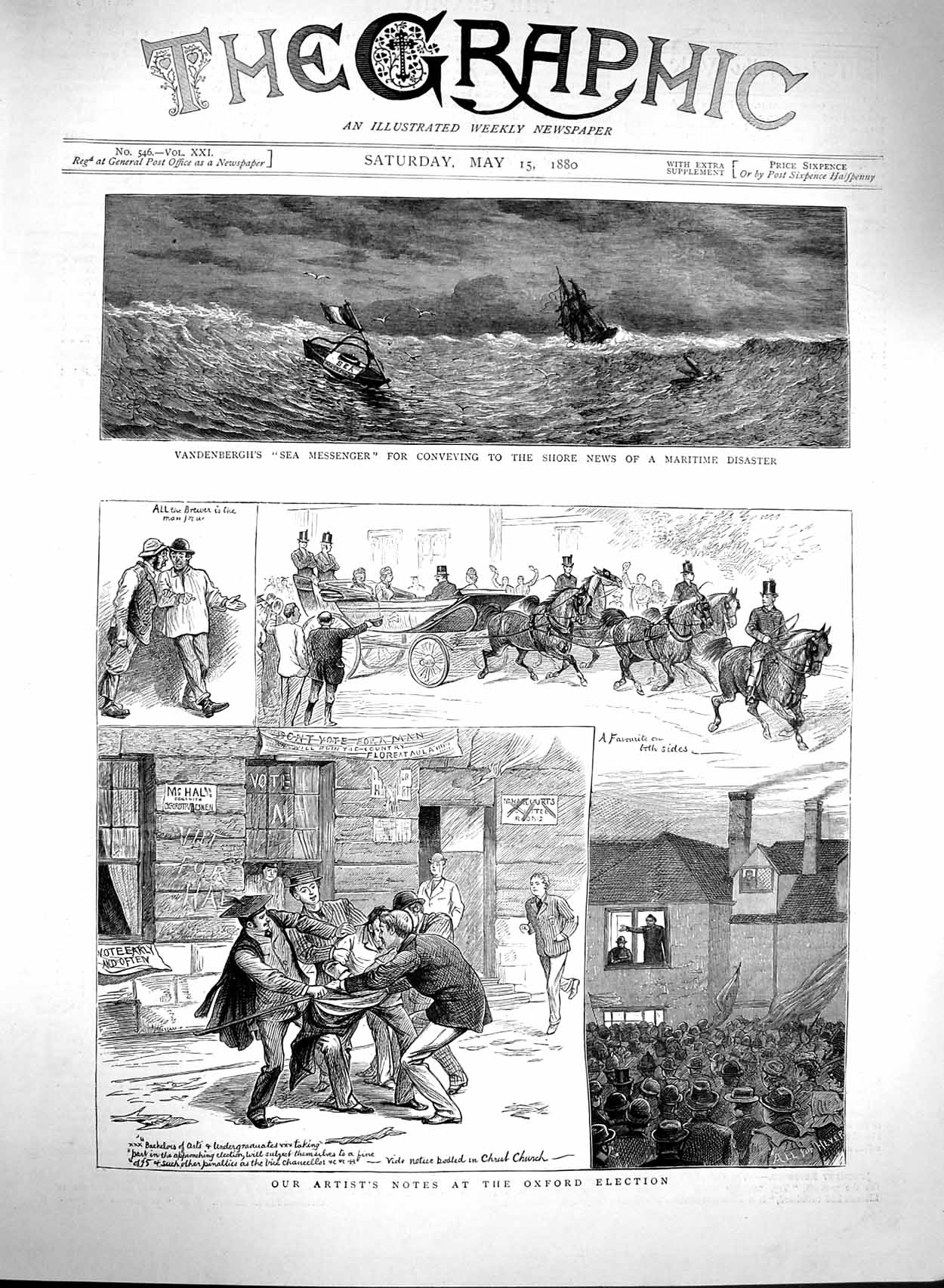 Original Old Antique Print 1880 Oxford Elections Vandenbergh Sea Messenger Ship