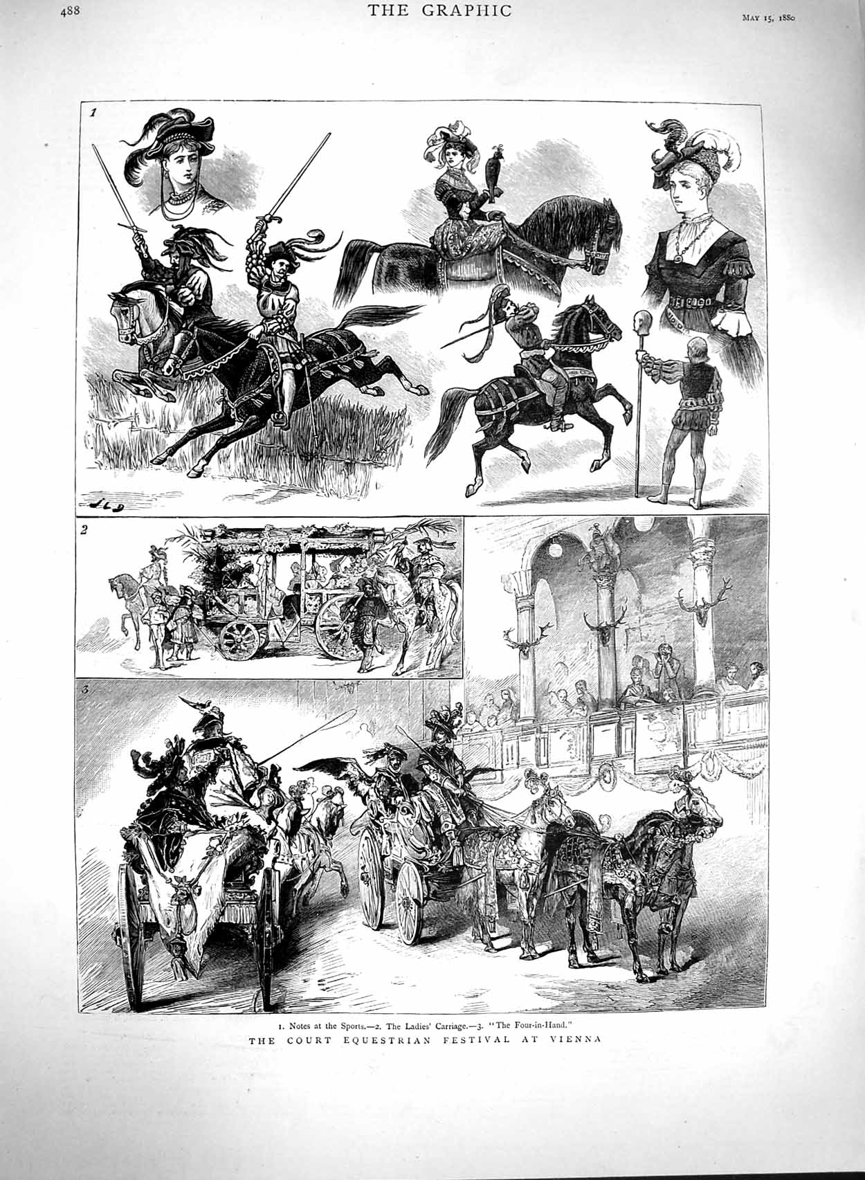 Original Old Antique Print 1880 Court Equestrian Festival Vienna Sport Horses