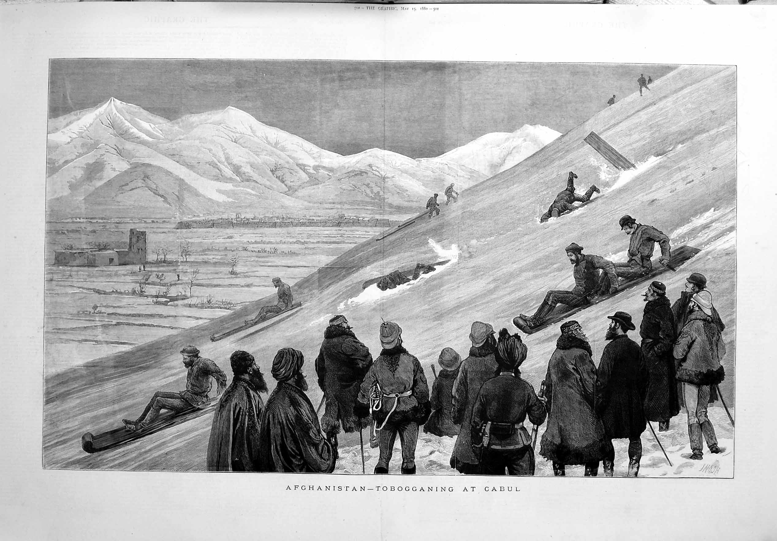 Original Old Antique Print 1880 Afghanistan War Tobogganig Cabul Winter Sport