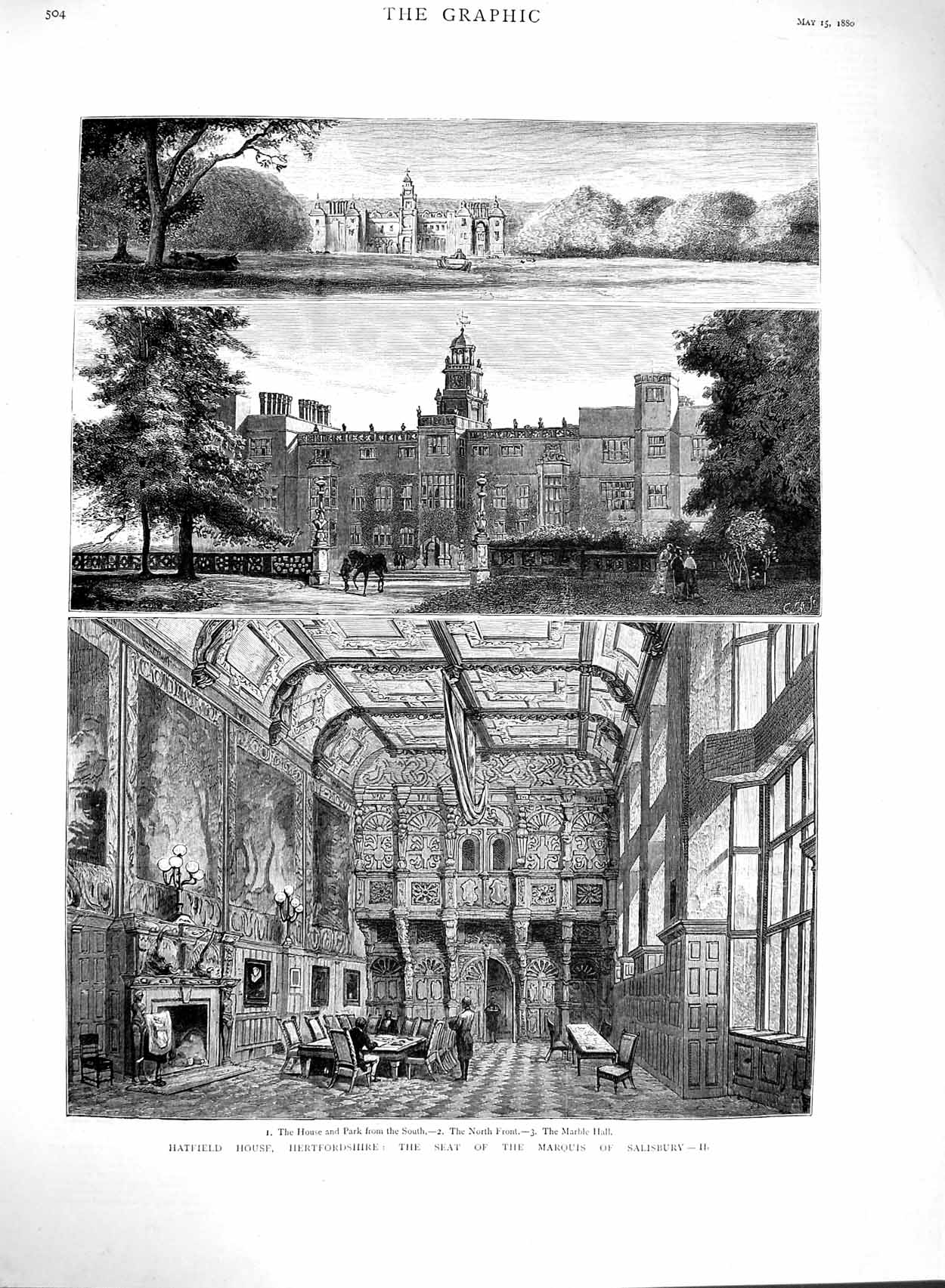 Original Old Antique Print 1880 Hatfield House Marquis Salisbury Architecture