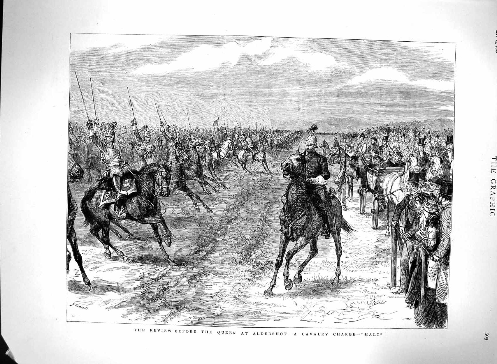 Old Antique Print 1880 Review Queen Aldershot Cavalry Charge Horses Army 19th