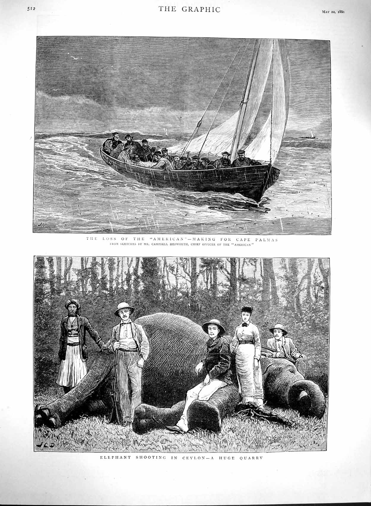 Original Old Antique Print 1880 Elephant Shooting Ceylon Hunting American 19th