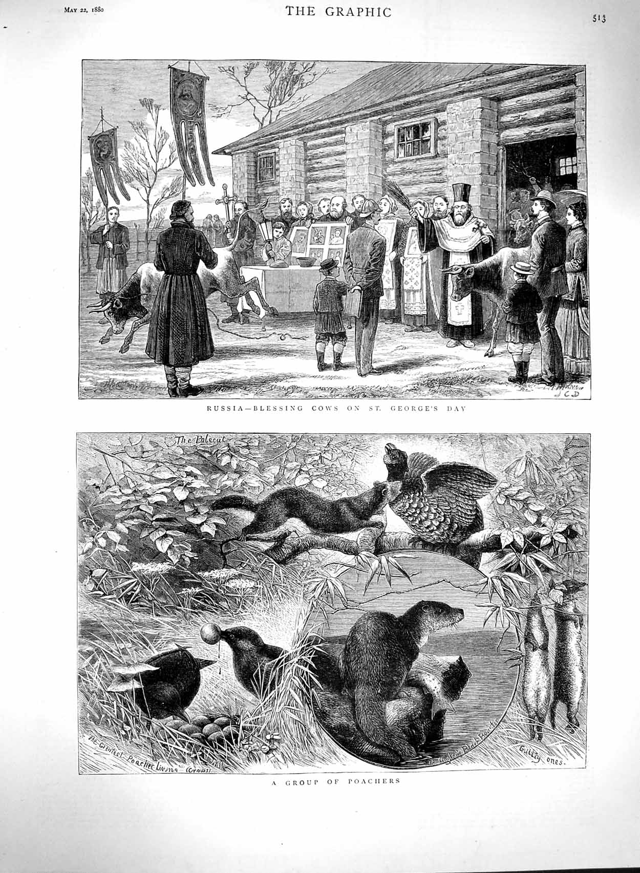 Old Antique Print 1880 Russia Blessing Cows George'S Day Poachers Polecat 19th