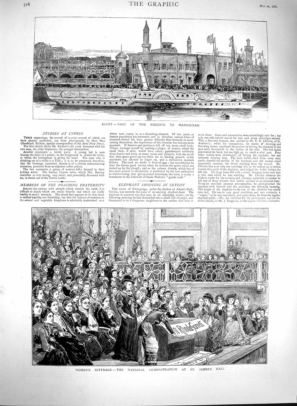 Original Old Antique Print 1880 Egypt Khedive Mansourah Women'S Suffrage 19th