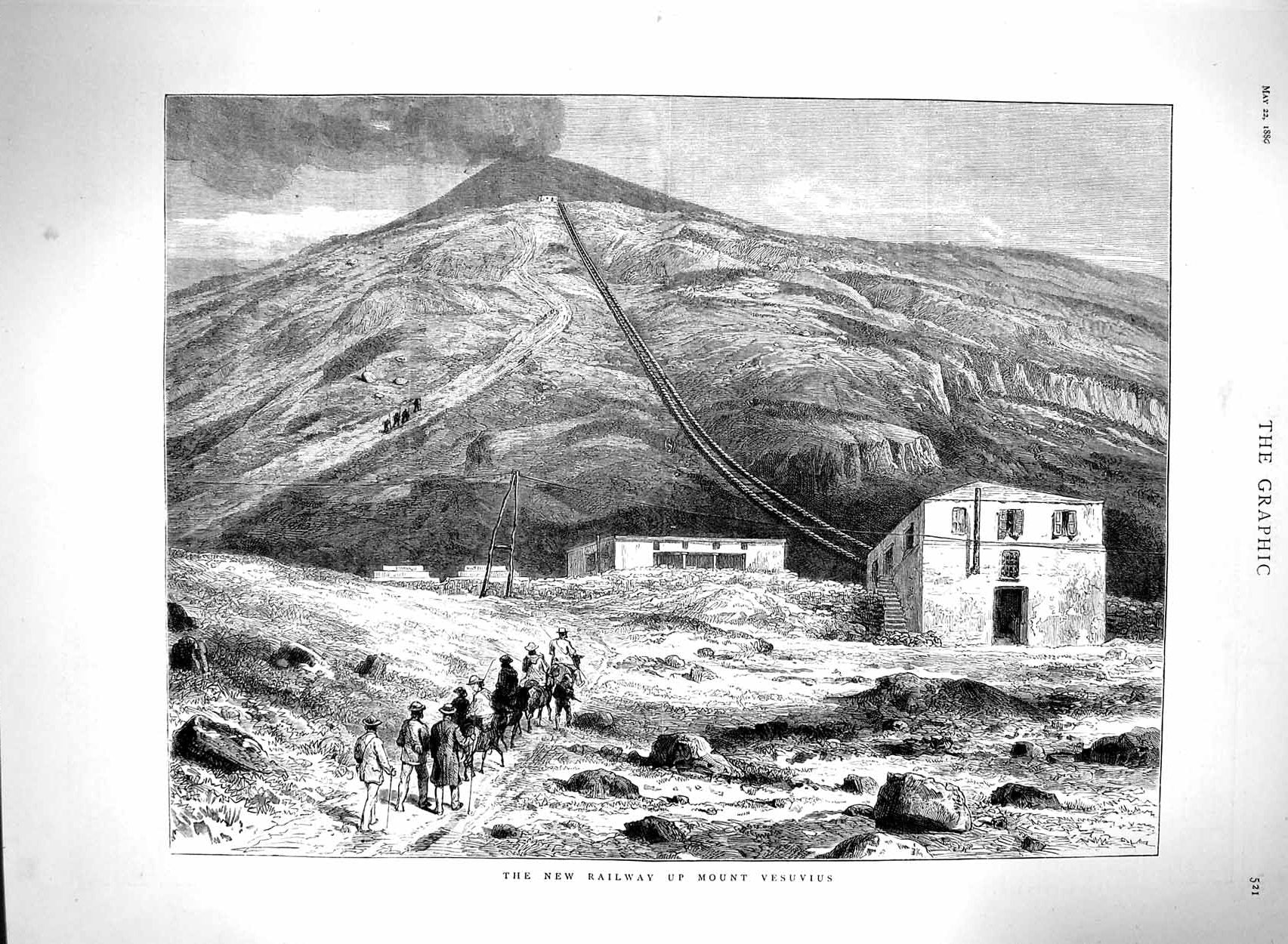 Original Old Antique Print 1880 Railway Mount Vesuvius Volcano Mountain Train