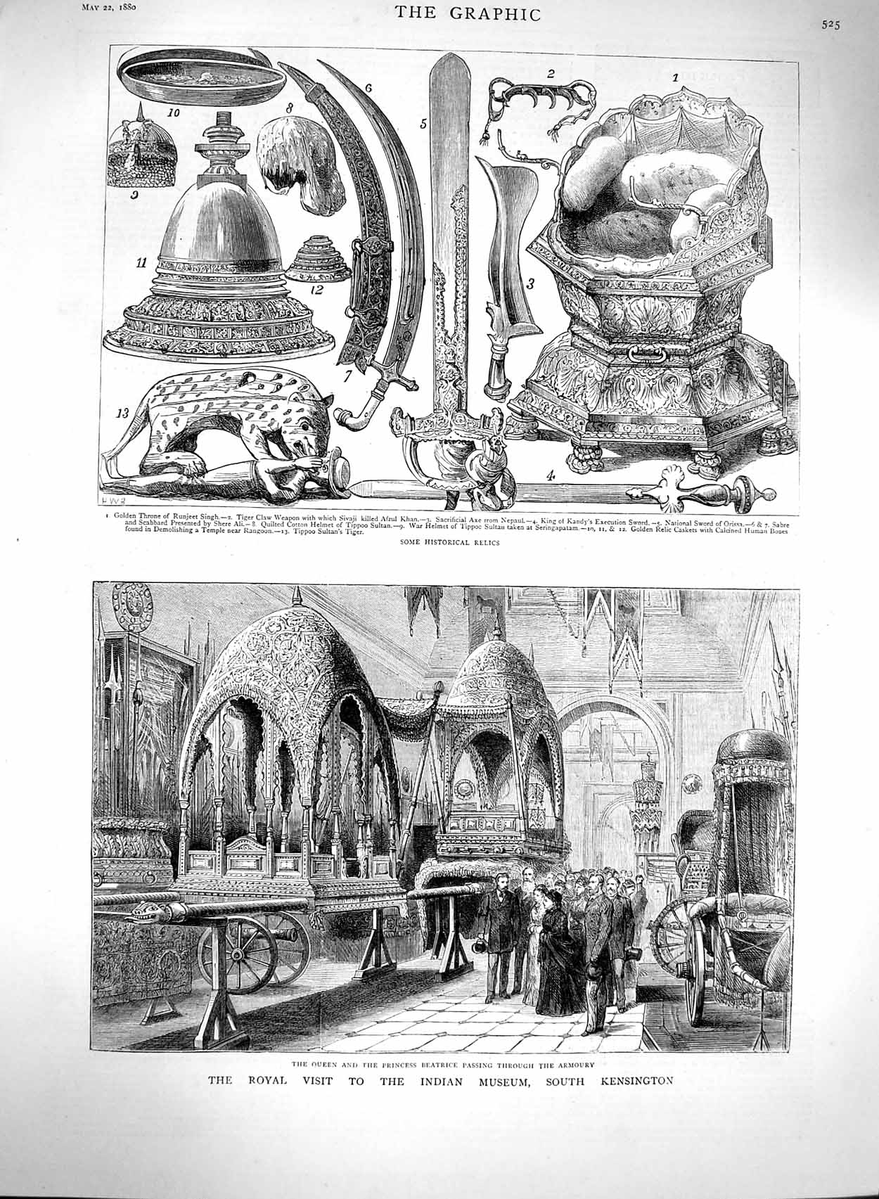 Old Antique Print 1880 Indian Musuem Kensington Queen Historical Relics 19th