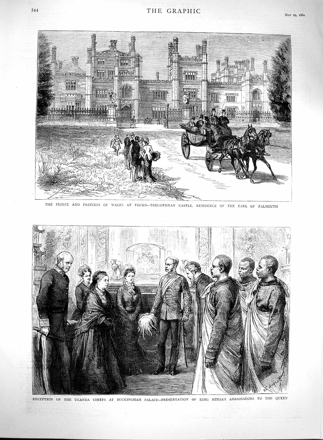 Original Old Antique Print 1880 Prince Wales Truro Tregothnan Castle Ugand 19th