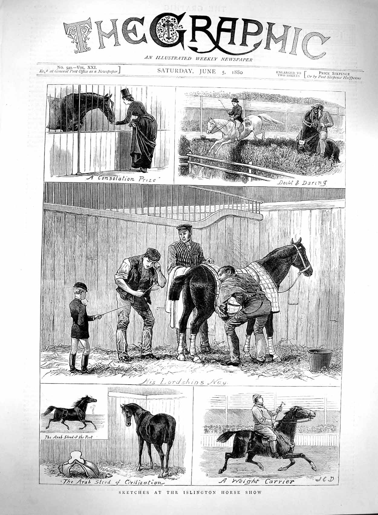 Original Old Antique Print 1880 Islington Horse Show Arab Jumping Sport Jockeys