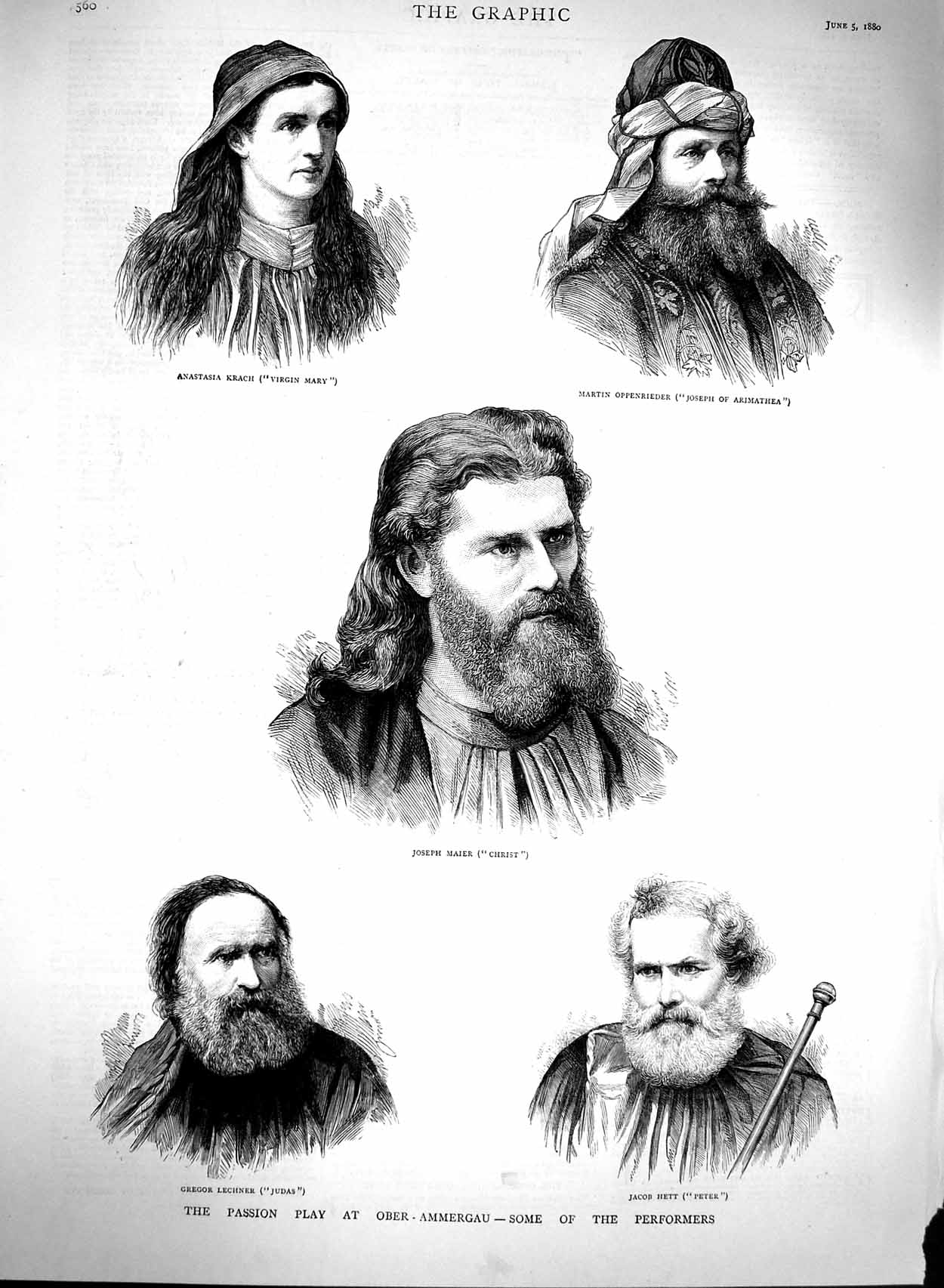 Original Old Antique Print 1880 Passion Play Ober-Ammergau Theatre Krach Maier