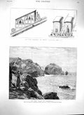 Original Old Antique Print 1880 Cornwall Rocks Sea Railway Mount Vesuvius Train