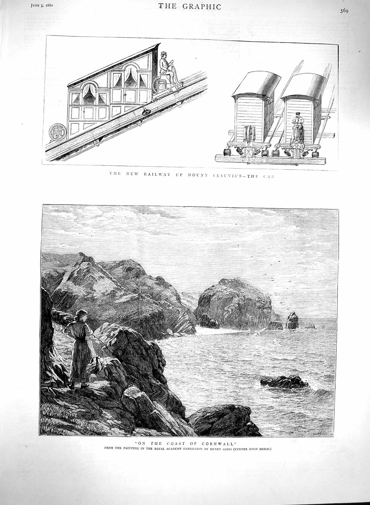 Original Old Antique Print 1880 Cornwall Rocks Sea Railway Mount Vesuvius Train