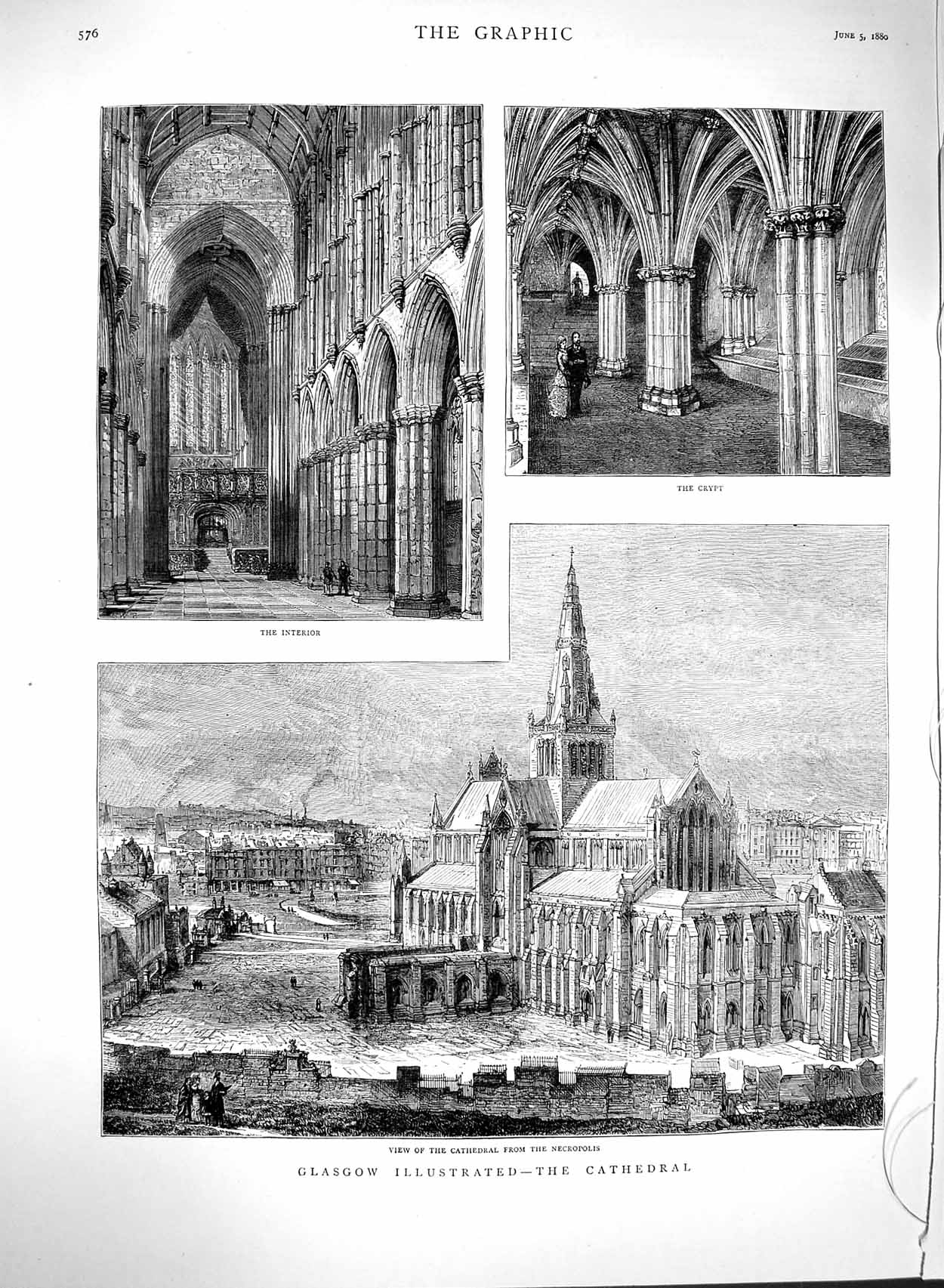 Old Antique Print 1880 Glasgow Cathedral Scotland Necropolis Architecture 19th