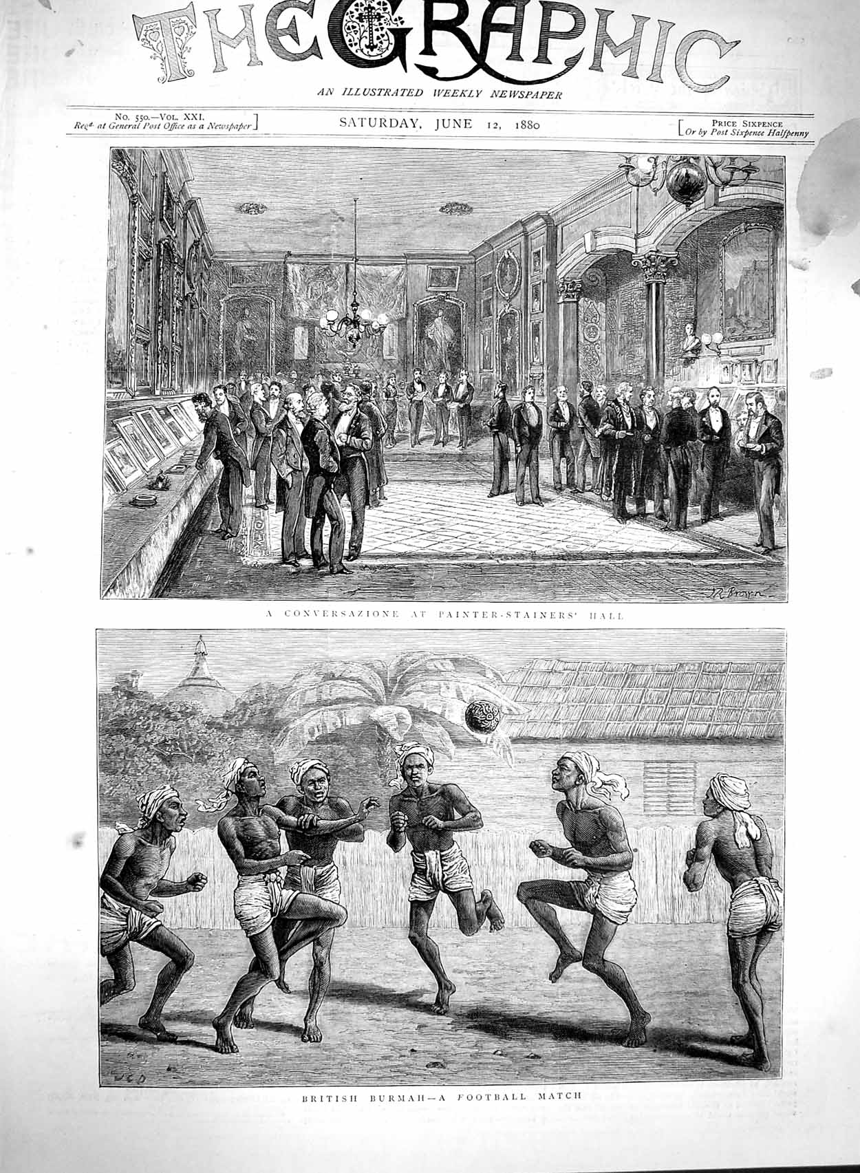 Original Old Antique Print 1880 British Burmah Football Painter-Staine Victorian