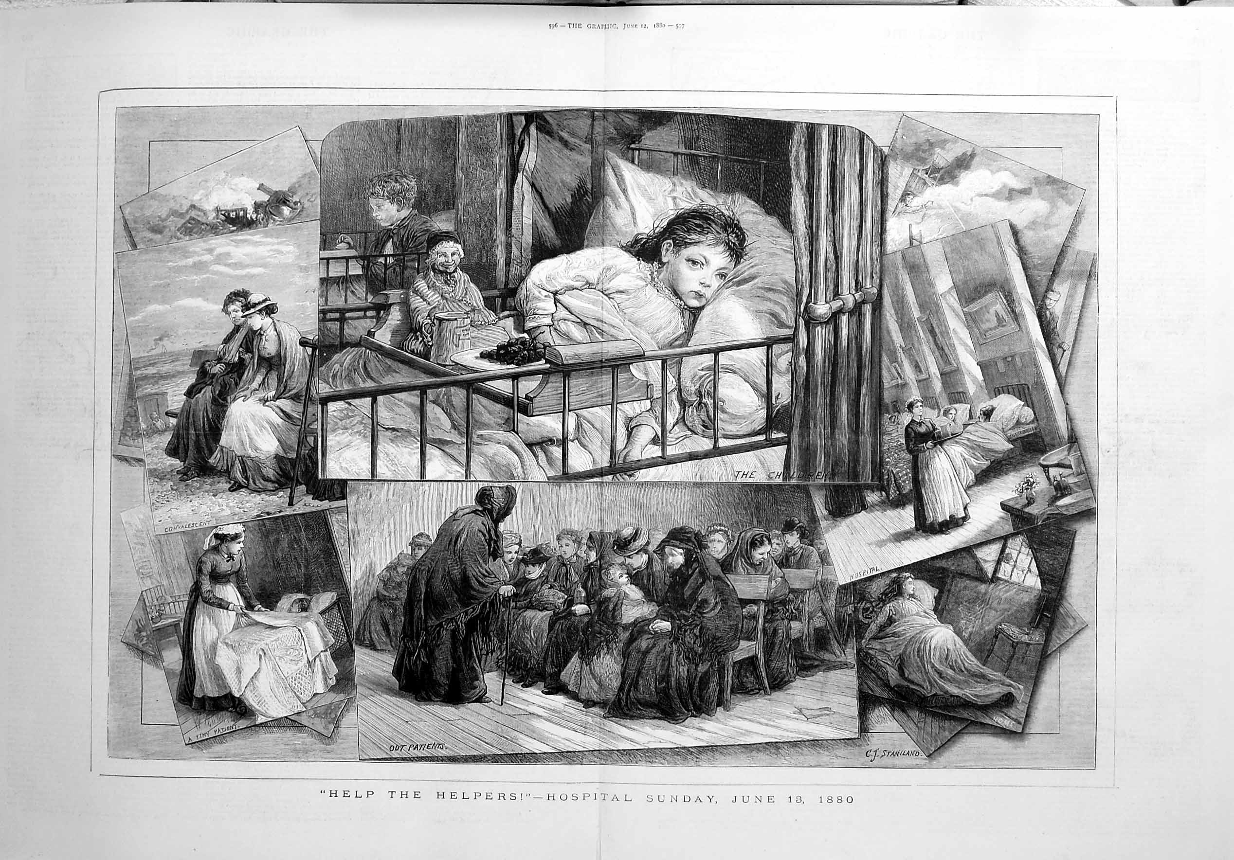 Original Old Antique Print 1880 Hospital Sunday Children Ward Nurses Beds 19th