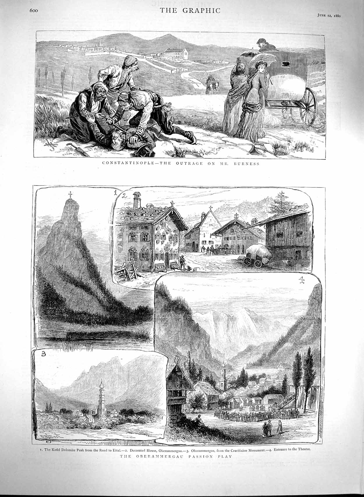 Old Antique Print 1880 Oberammergau Passion Play Theatre Constantinople 19th