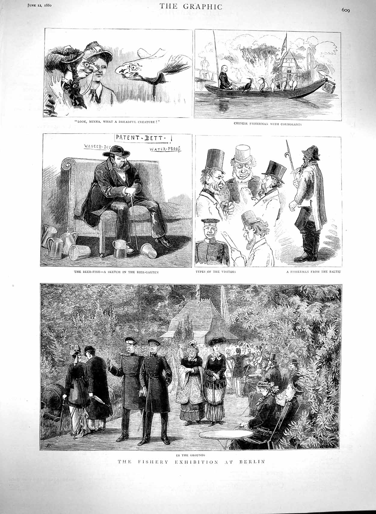 Old Antique Print 1880 Fishery Exhibition Berlin Germany Fisherman Beer 19th