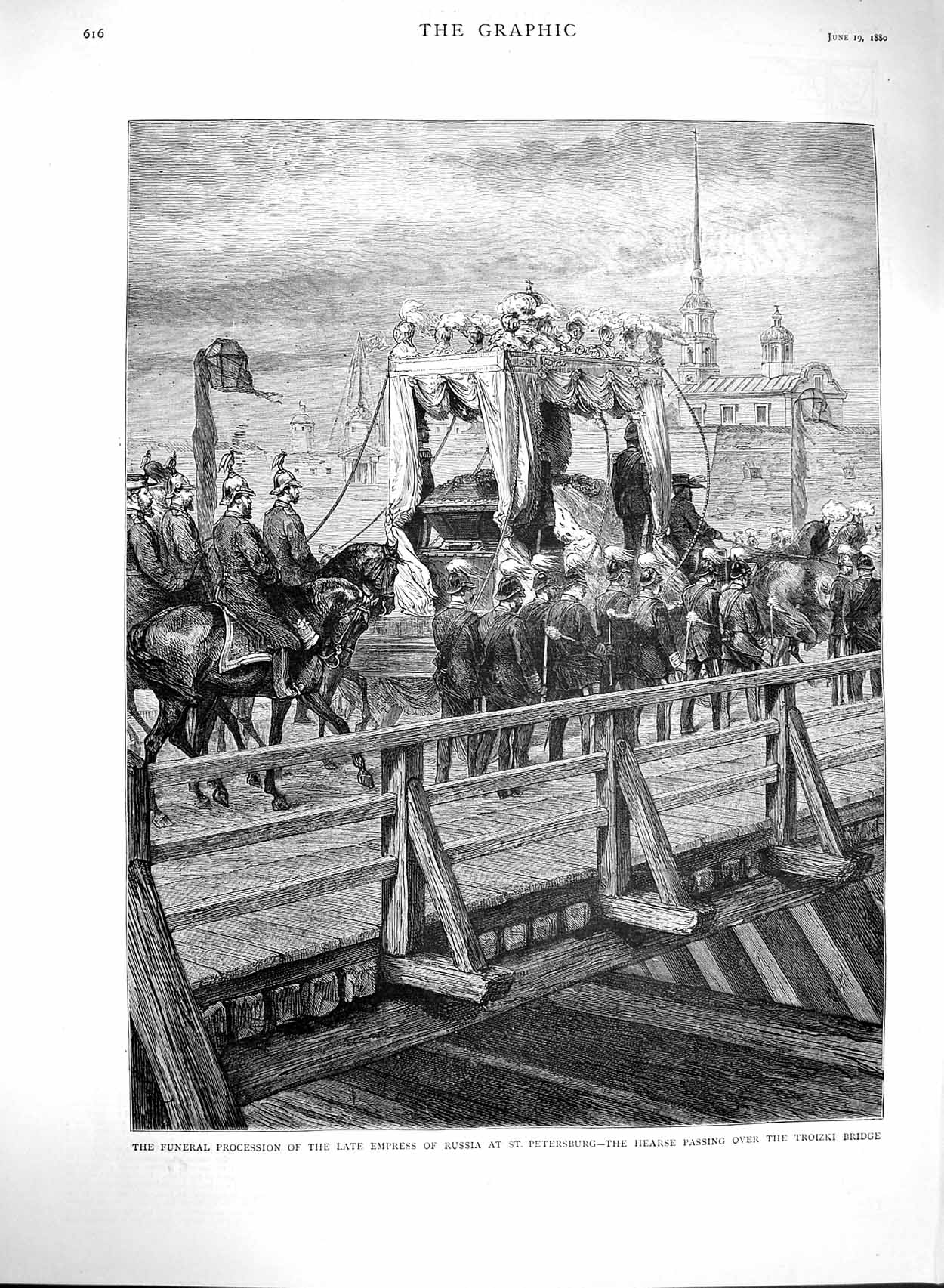 Old Antique Print 1880 Funeral Empress Russia Petersburg Troizki Bridge 19th