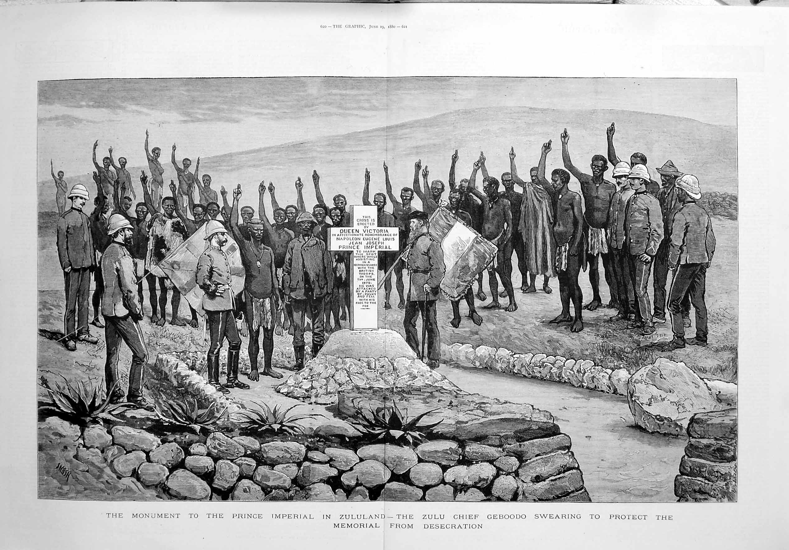 Original Old Antique Print 1880 Monument Prince Imperial Zululand Chief 19th