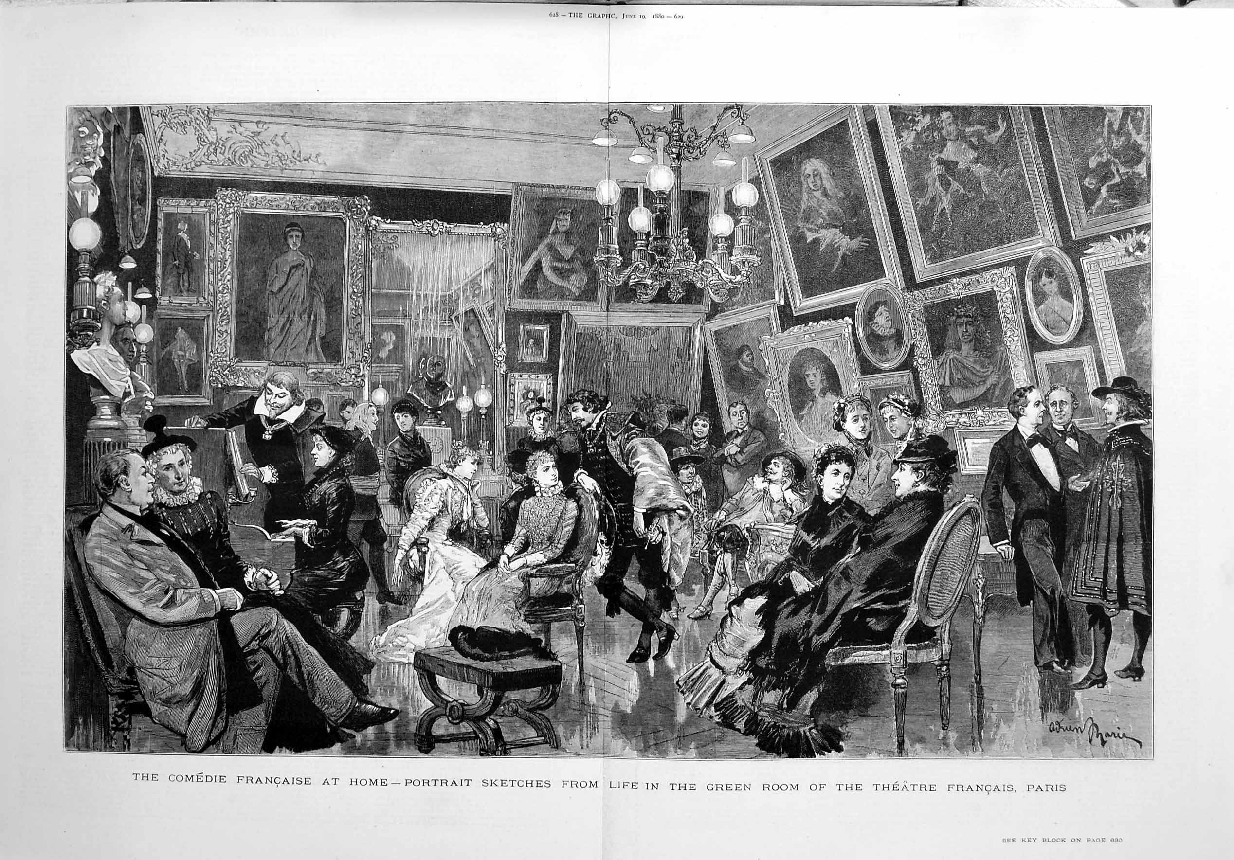 Old Antique Print 1880 Green Room Theatre Francais Paris Comedie France 19th
