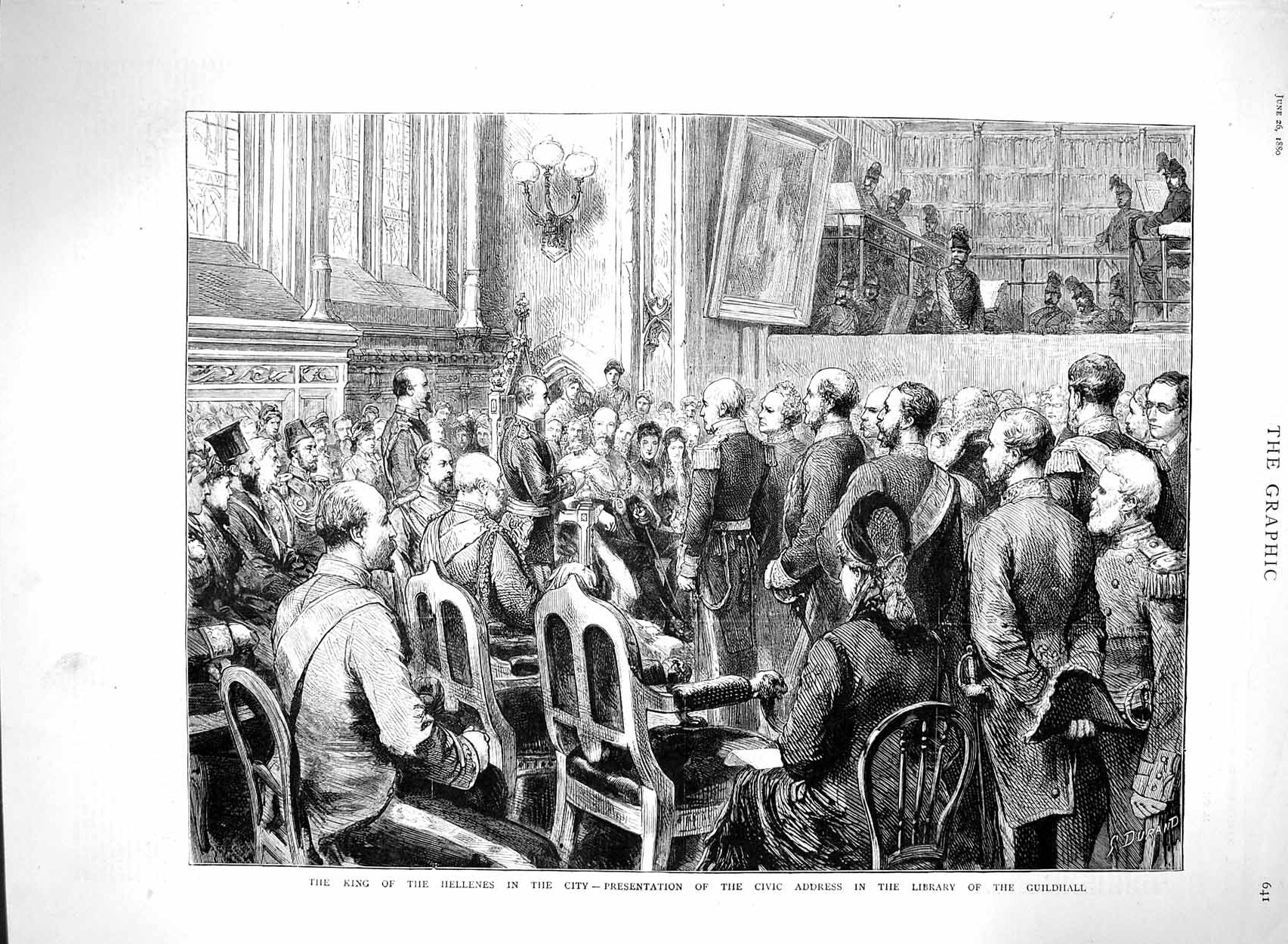 Old Antique Print 1880 King Hellenes London Civic Library Guildhall Men 19th
