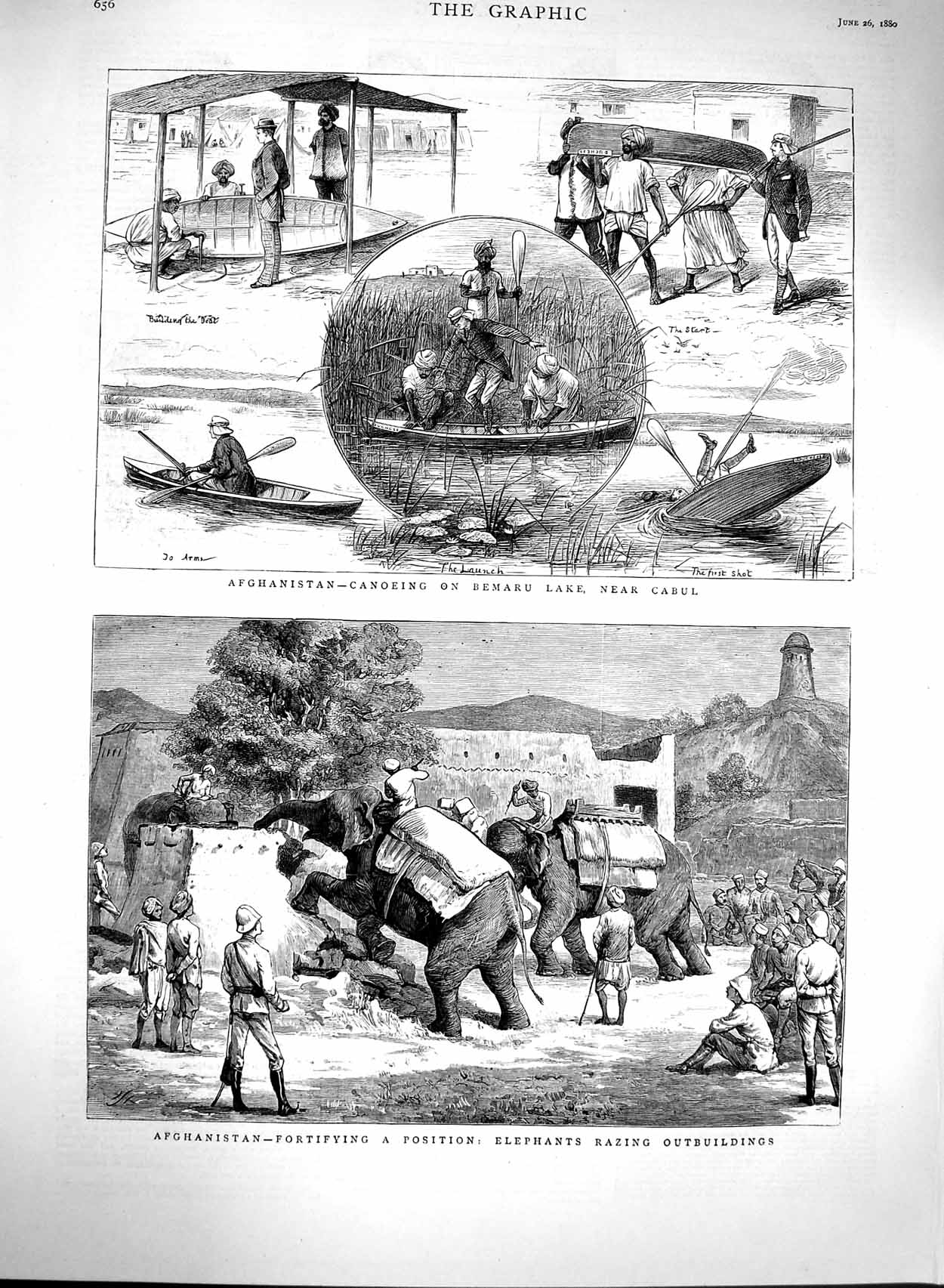 Old Antique Print 1880 Afghanistan Canoeing Bemaru Lake Cabul Elephants 19th