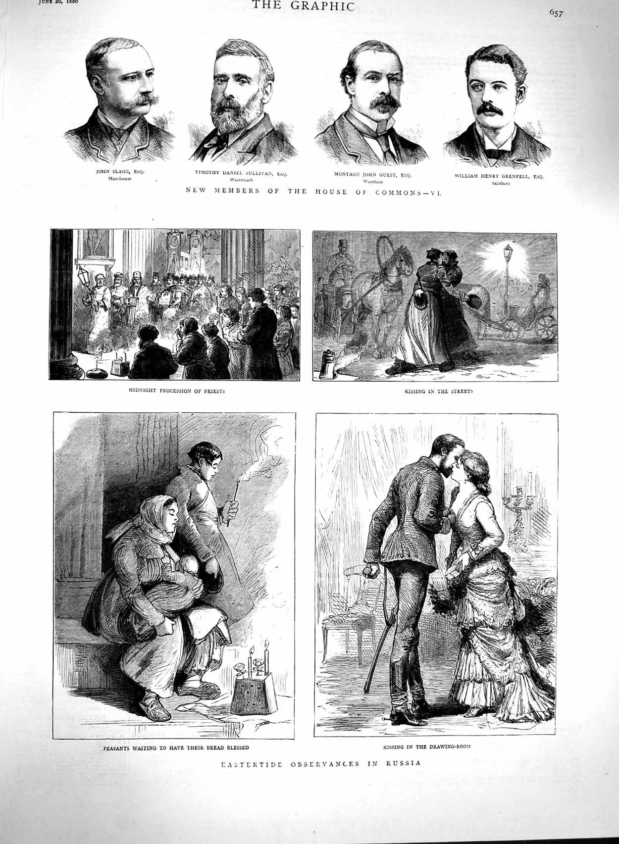 Original Old Antique Print 1880 House Commons Slagg Guest Men Russia Peasants