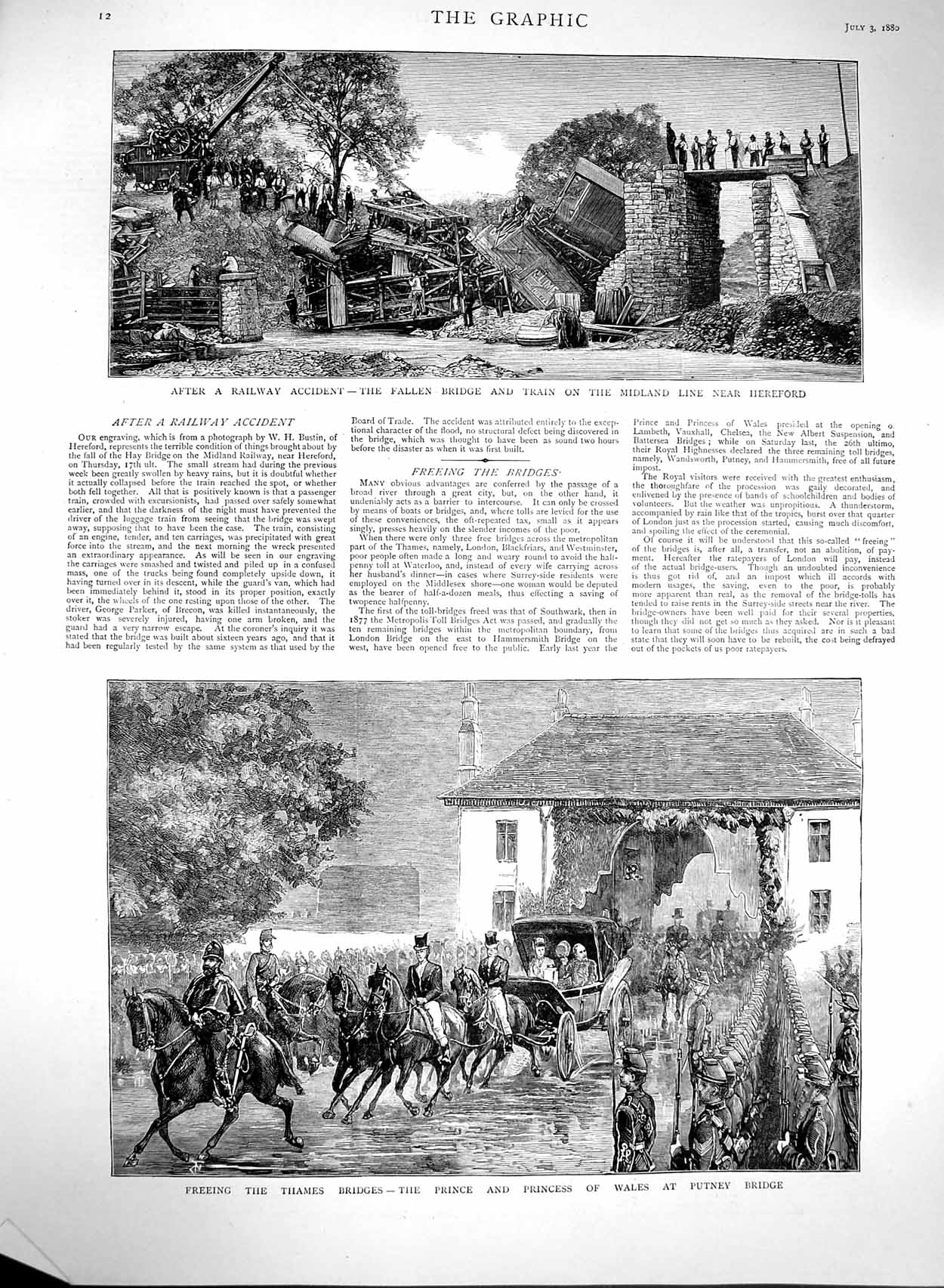 Original Old Antique Print 1880 Prince Wales Putney Bridge Railway Train Crash