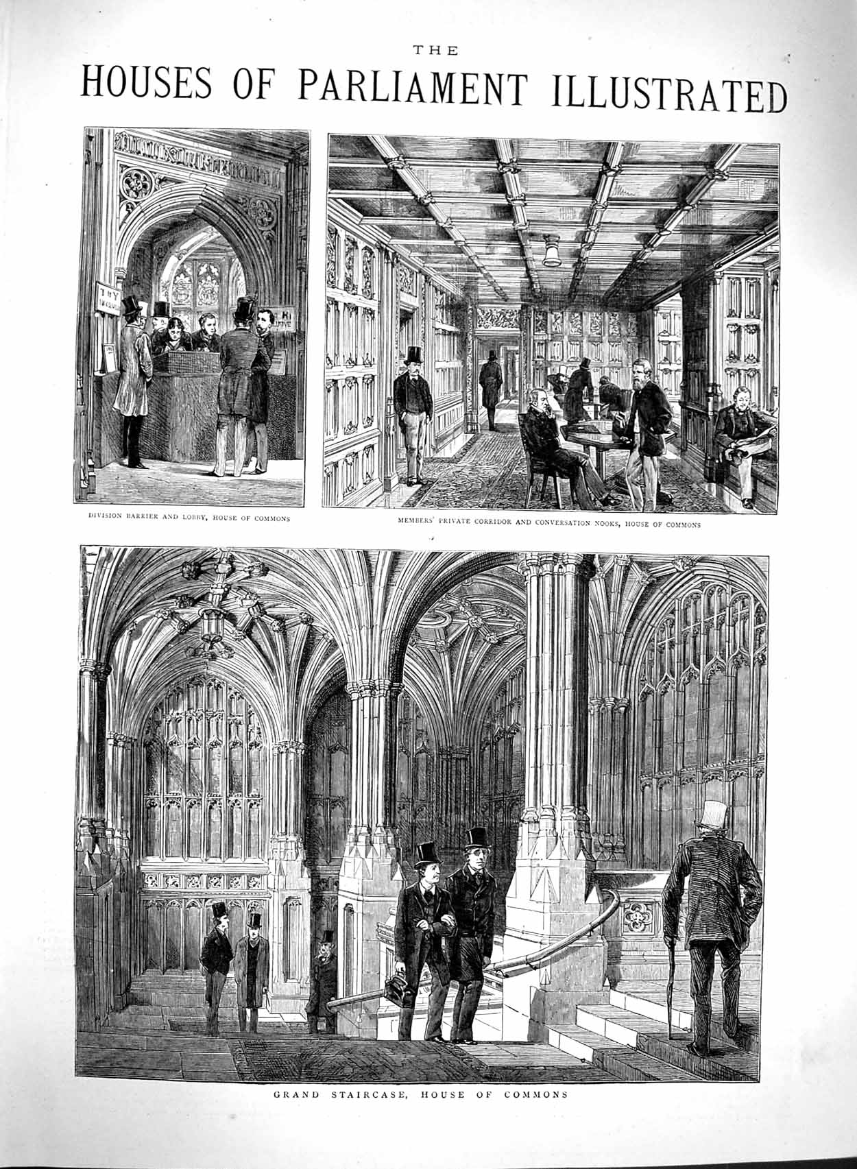 Original Old Antique Print 1880 Grand Staircase House Commons Lobby Members Men