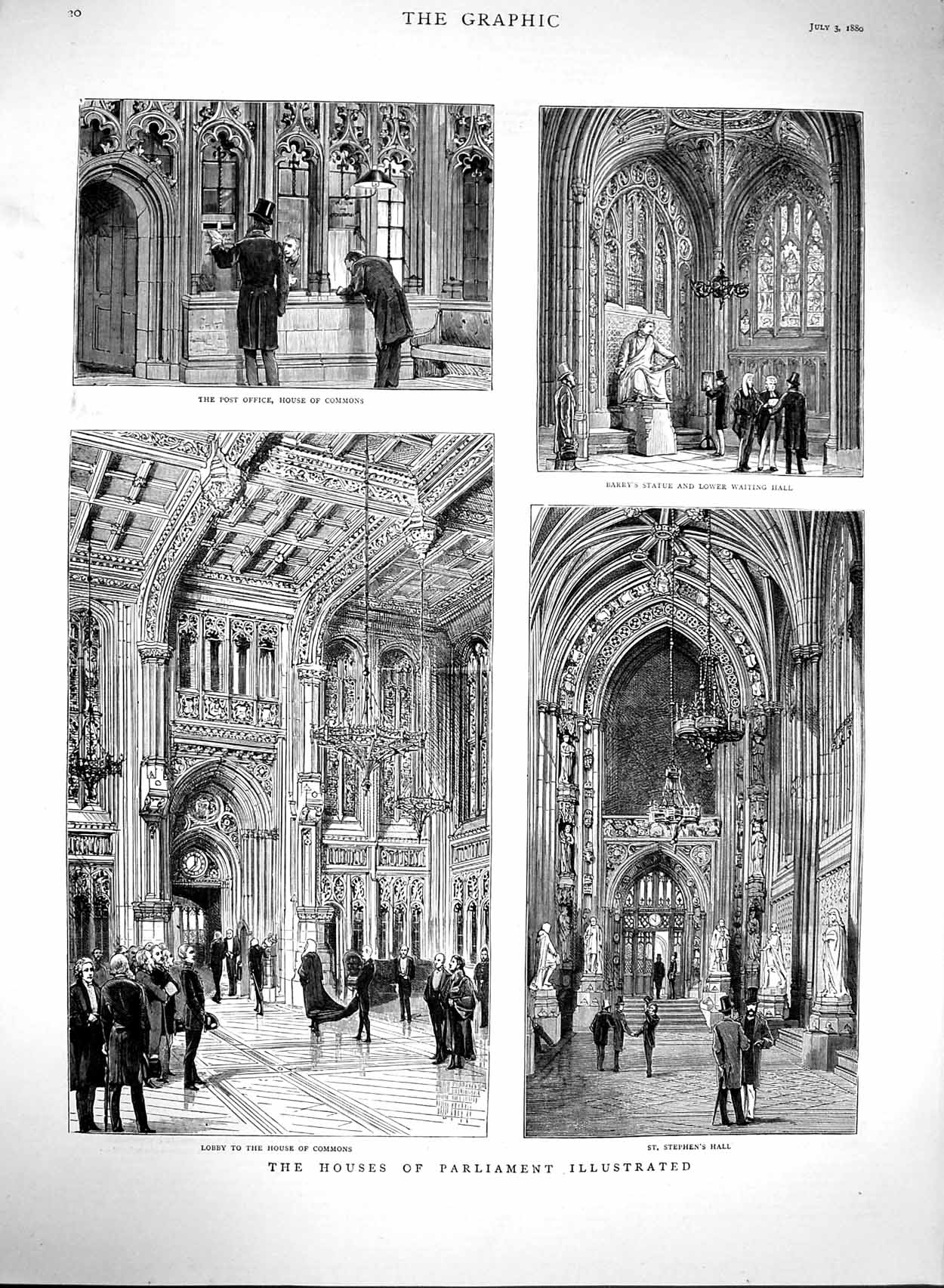 Original Old Antique Print 1880 Houses Parliament Commons Barry Statue Stephens