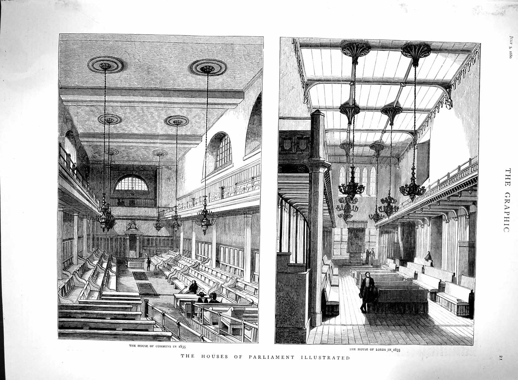 Original Old Antique Print 1880 Houses Parliament Commons Lords Buildings 19th