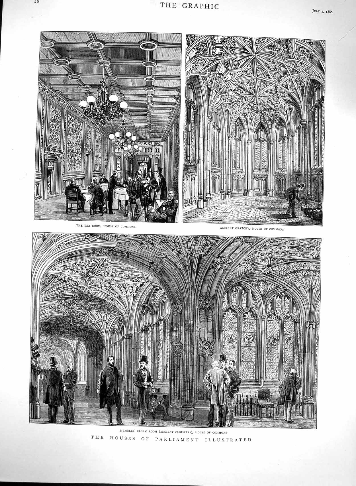 Old Antique Print 1880 Houses Parliament Oratory Tea Room Members Cloak 19th