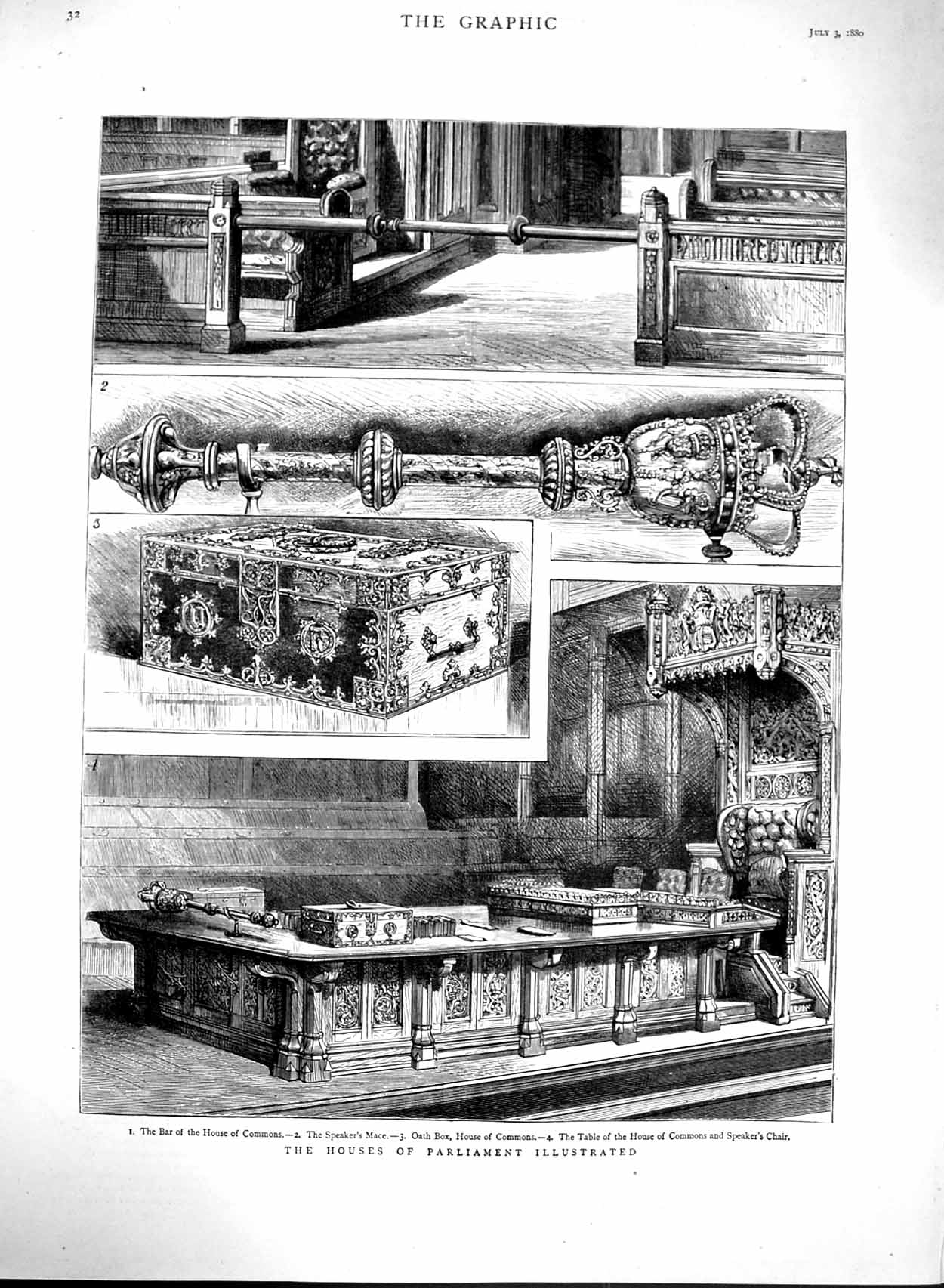 Old Antique Print 1880 Houses Parliament Oath Box Commons Speakers Chair 19th
