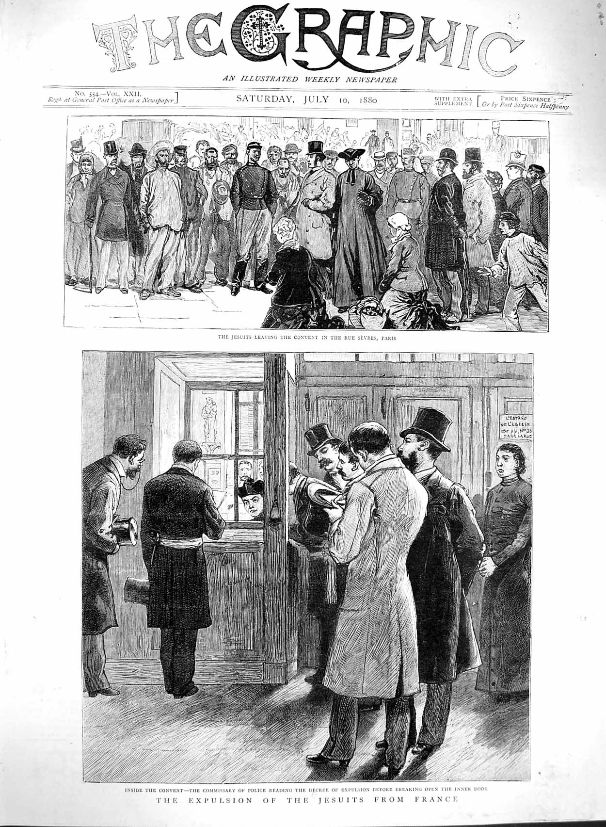 Original Old Antique Print 1880 Expulsion Jesuits France Police Convent Rue 19th
