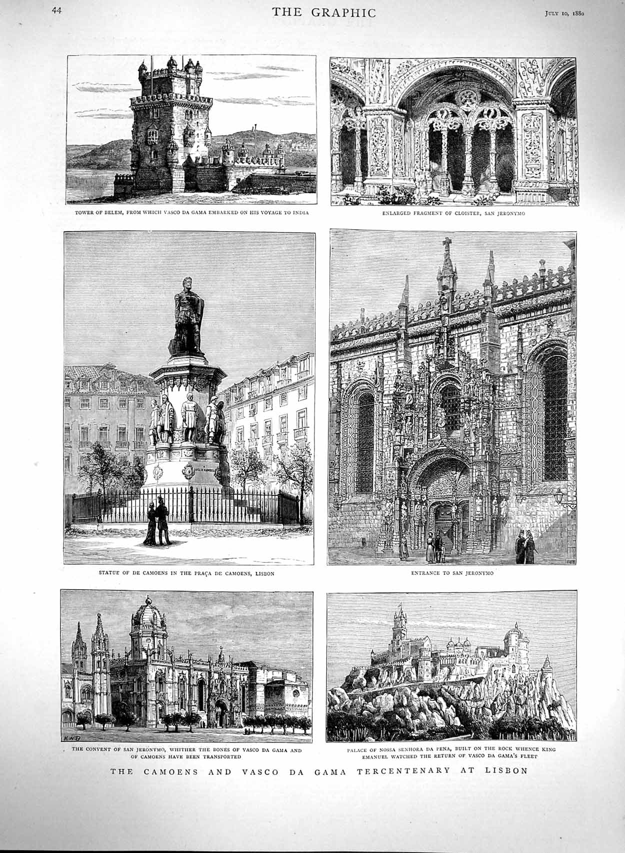 Original Old Antique Print 1880 Camoens Vasco Gama Lisbon Belem Jeronymo 19th