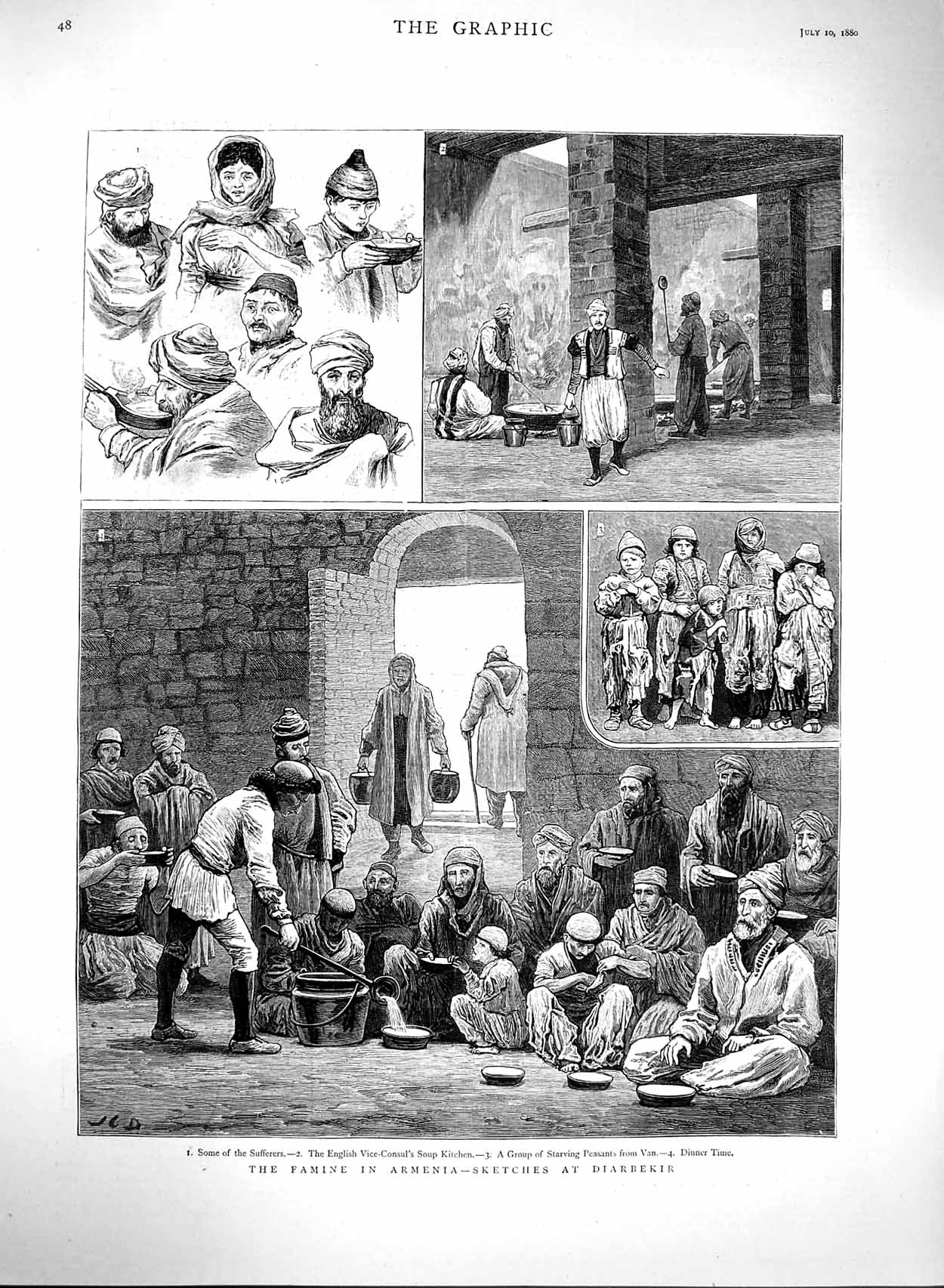Original Old Antique Print 1880 Famine Armenia Diarbekir Peasants Soup Kitchen