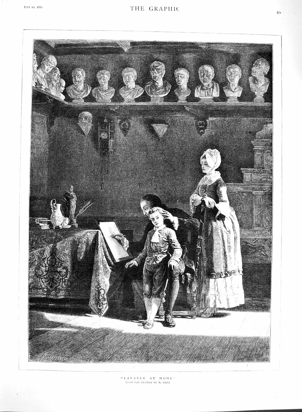 Original Old Antique Print 1880 Scene Lavater Home Sculpture Busts Artist F 19th