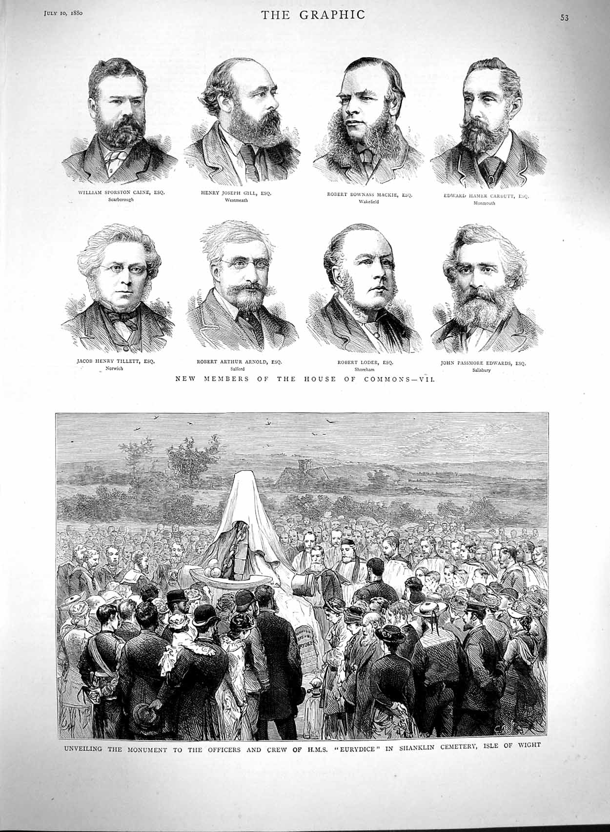 Original Old Antique Print 1880 Monument Eurydice Isle Wight House Commons Gill