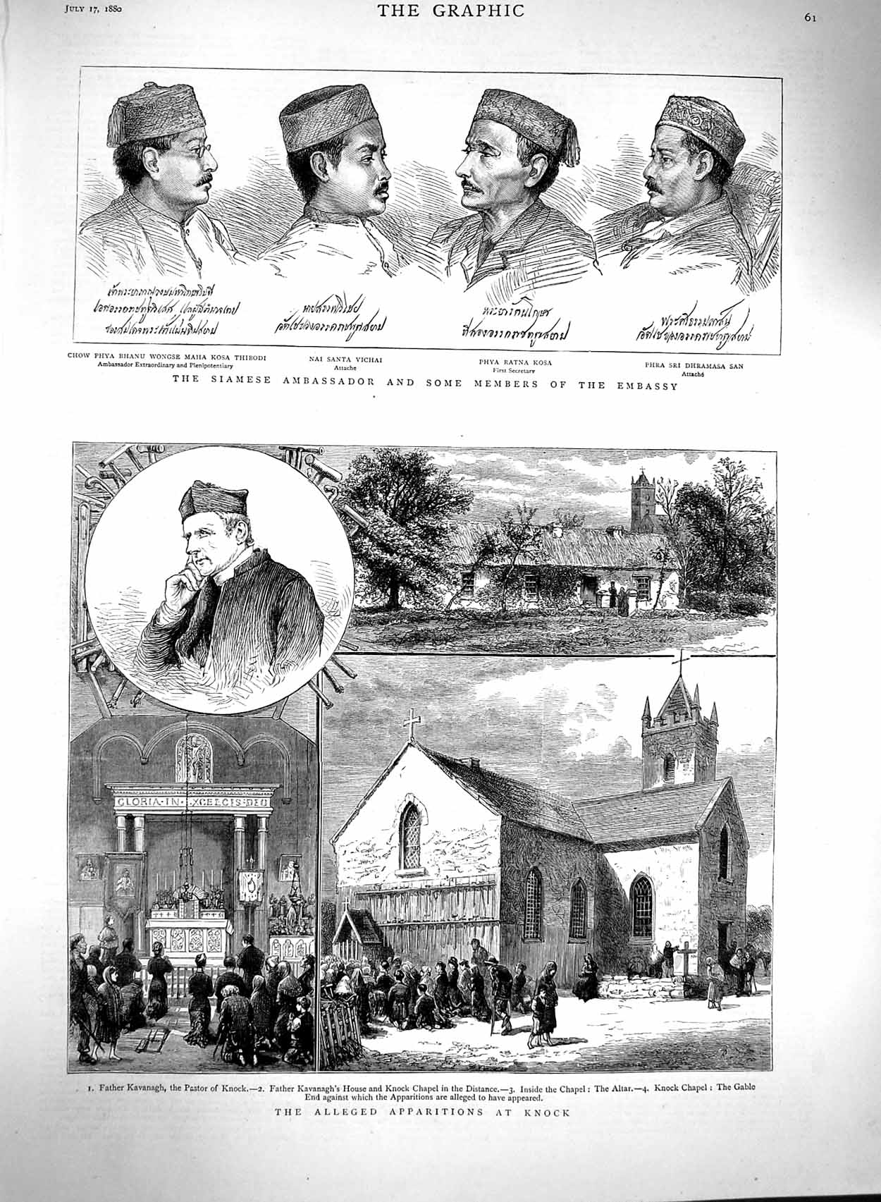 Original Old Antique Print 1880 Father Kavanagh Pastor Knock Siamese Ambassador