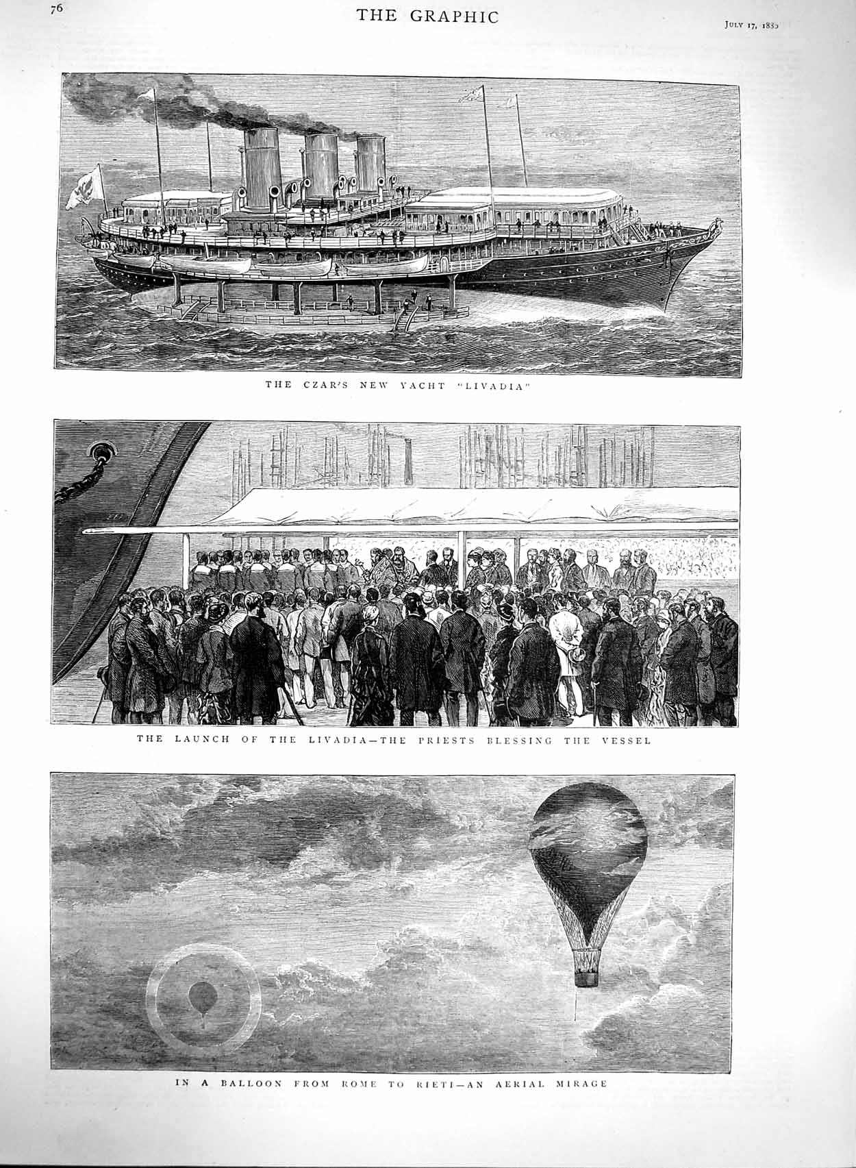 Old Antique Print 1880 Balloon Rome Rieti Czar Boat Livadia Yacht Launch 19th