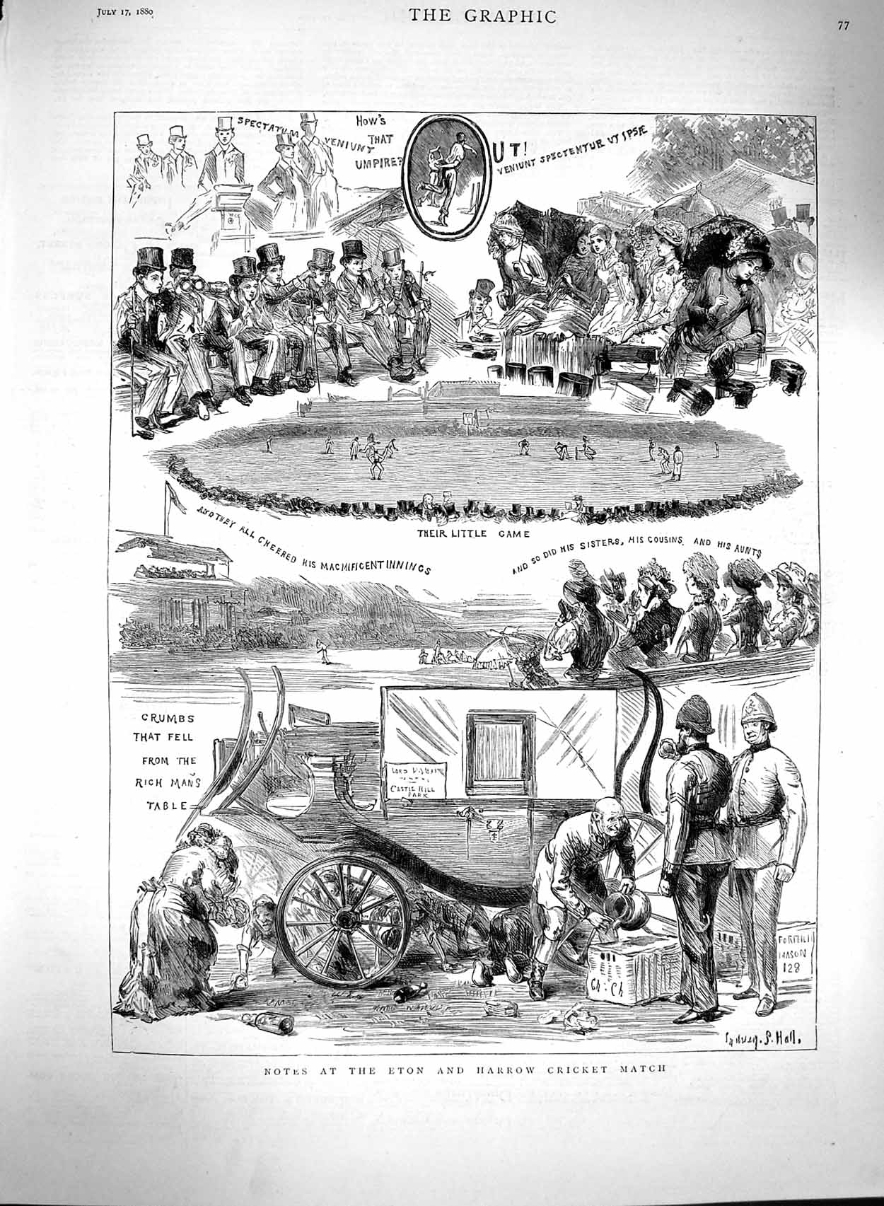Original Old Antique Print 1880 Eton Harrow Cricket Match Sport Men Victorian
