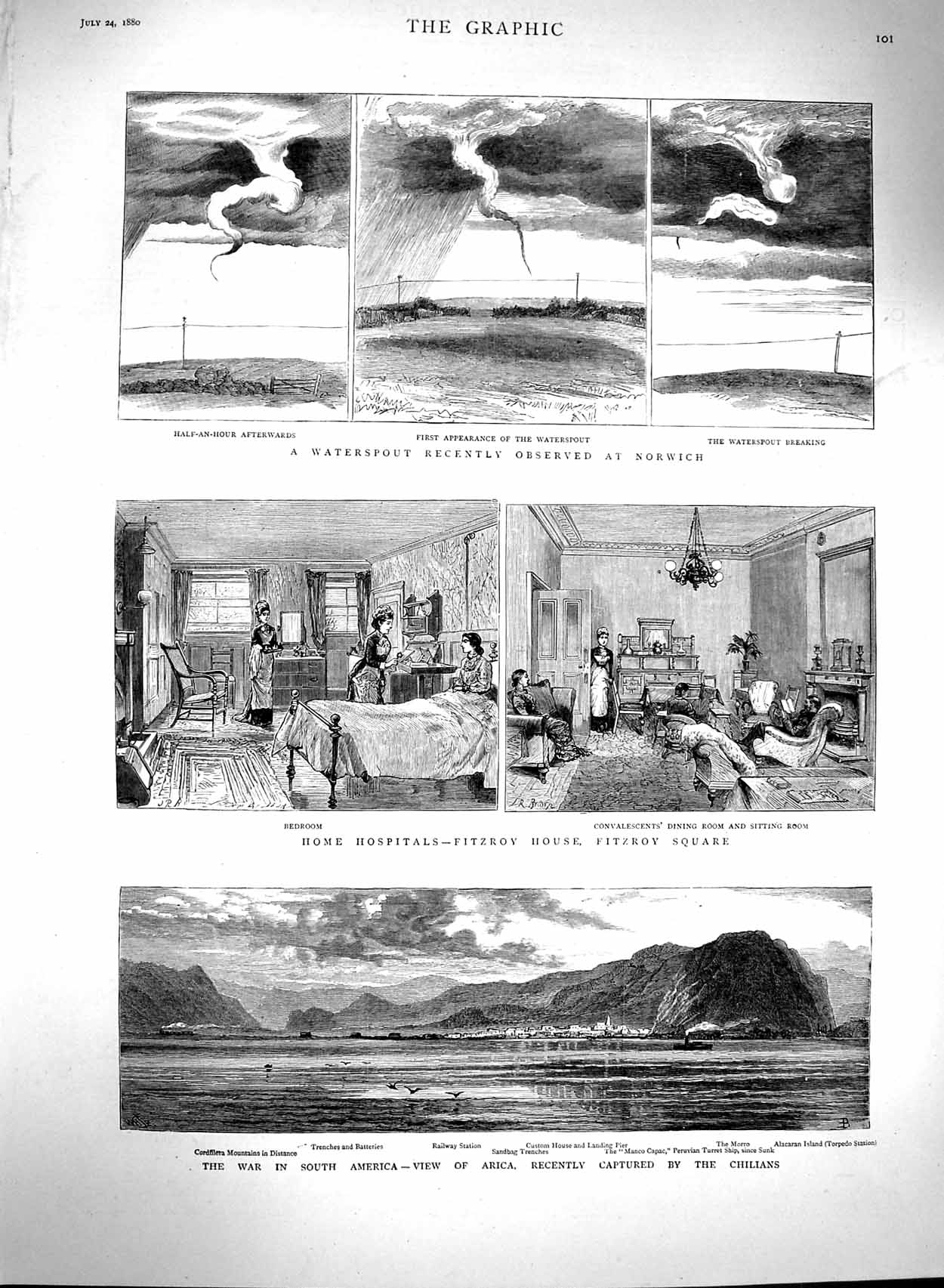 Old Antique Print 1880 War South America Arica Hospital Fitzroy Norwich 19th