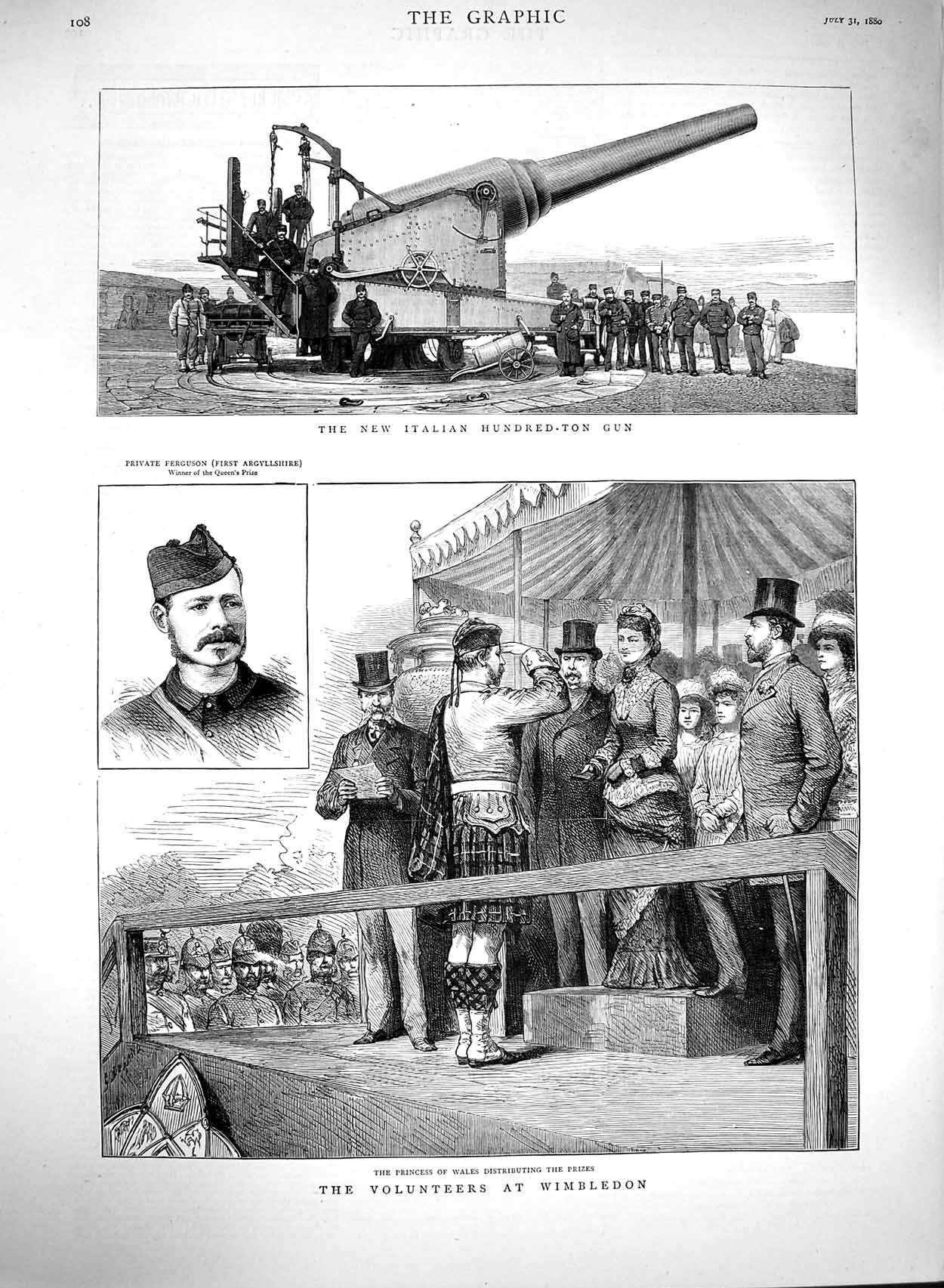 Old Antique Print 1880 Volunteers Wimbledon Princess Wales Ferguson Gun 19th