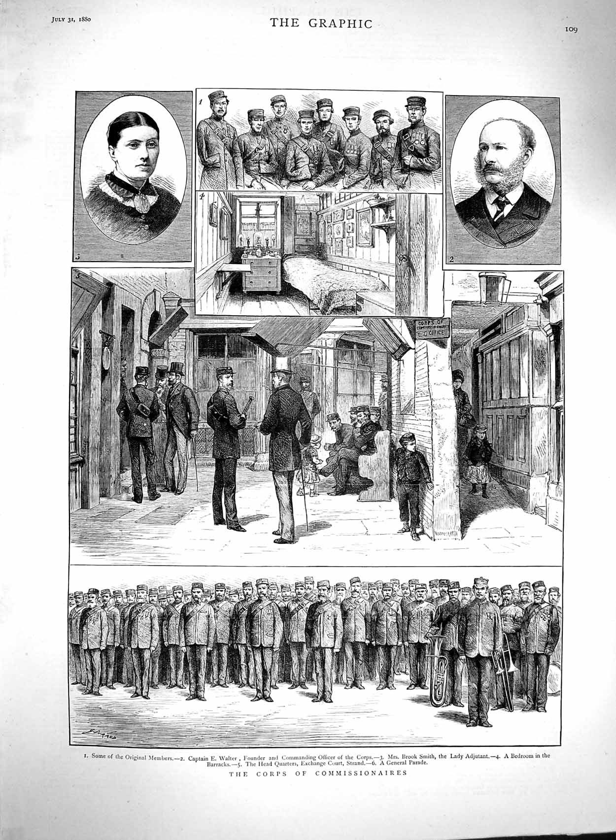 Original Old Antique Print 1880 Corps Commissionaires Smith Walter Lady A 19th