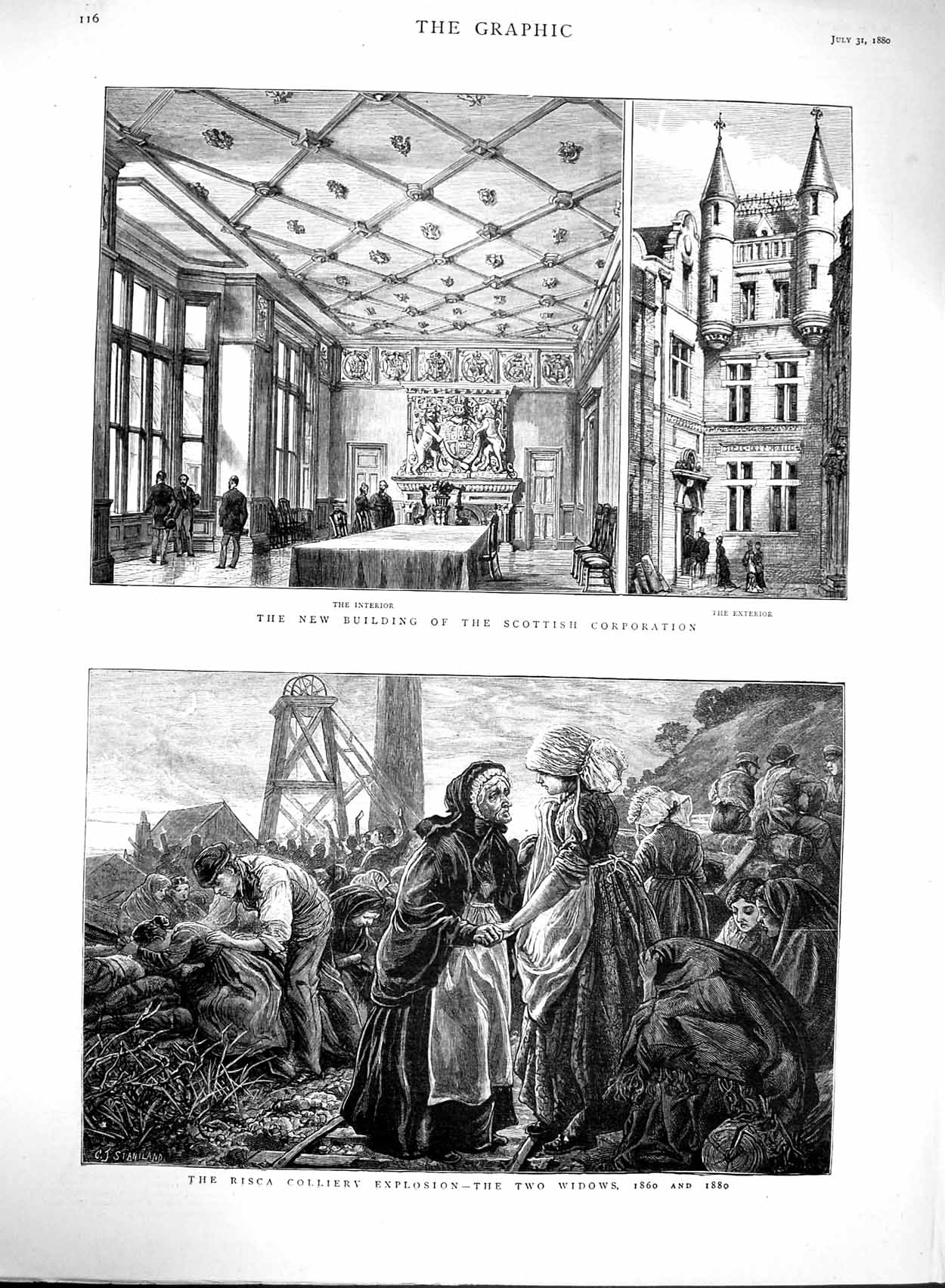Original Old Antique Print 1880 Building Scottish Corporation Risca Collie 19th